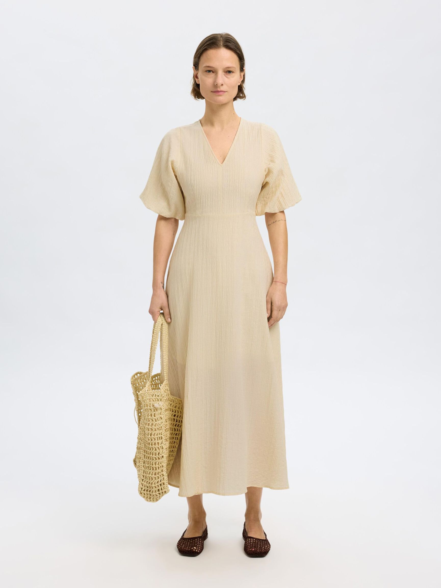 BALLOON SLEEVE MAXI DRESS, Birch, highres