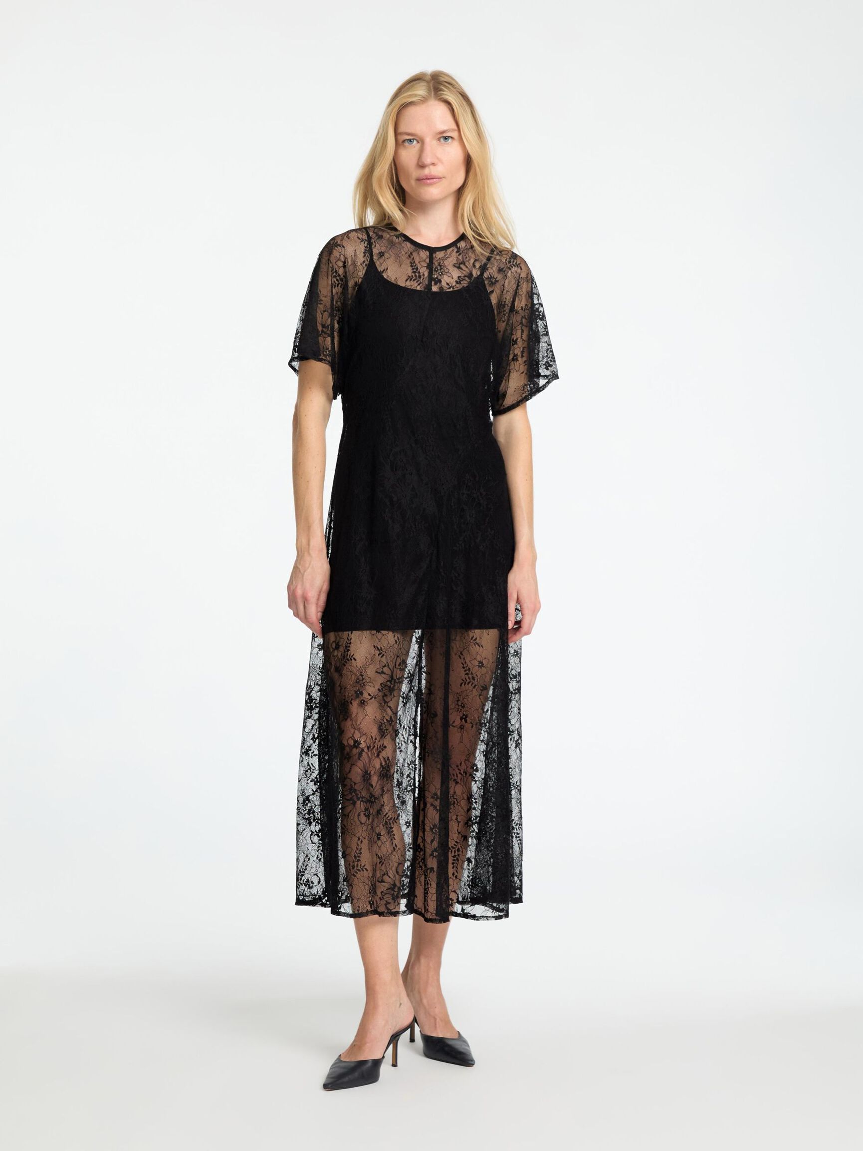 LACE MIDI DRESS, Black, highres