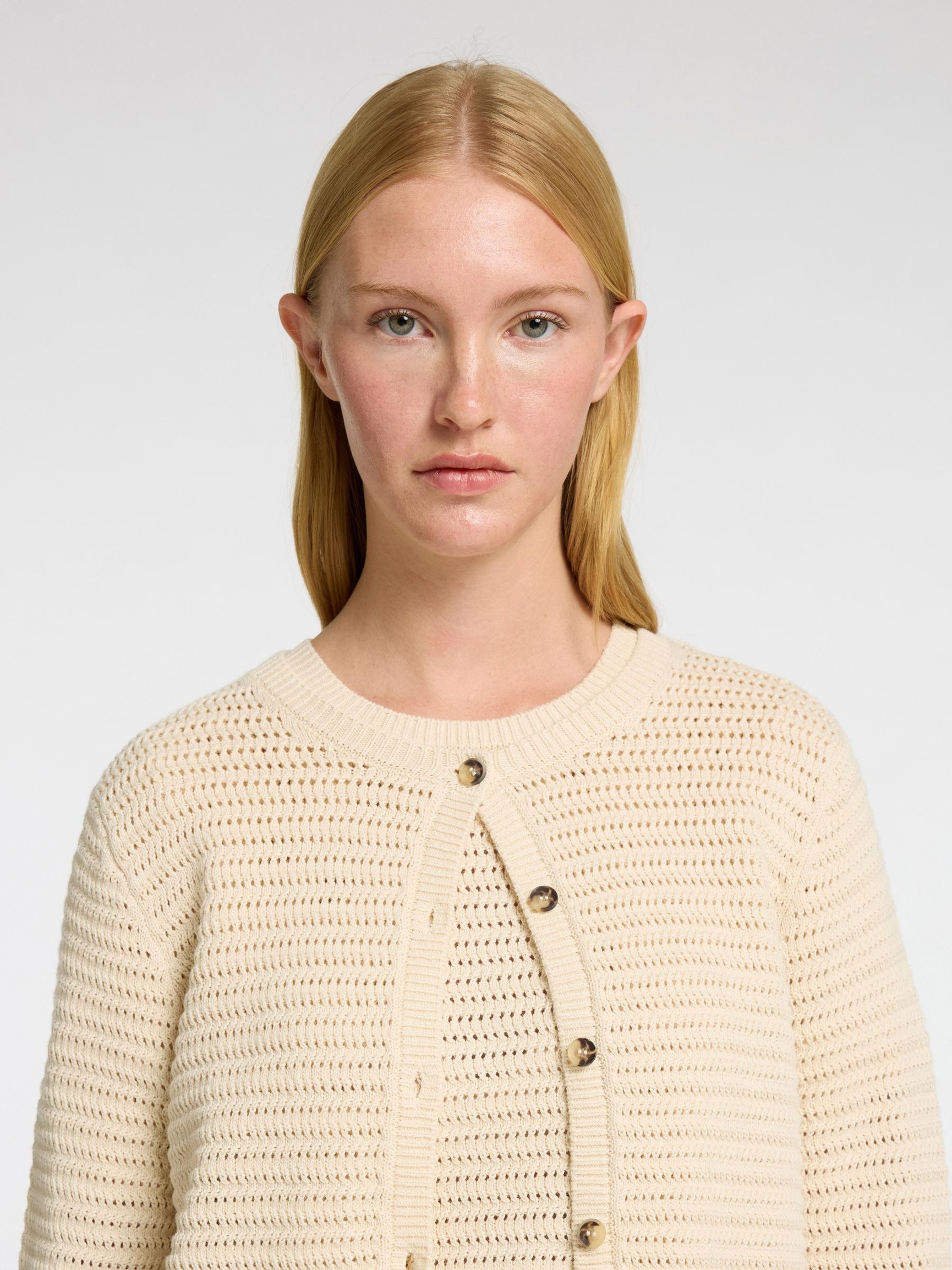 100% BOMULL STRIKKET CARDIGAN, Birch, highres