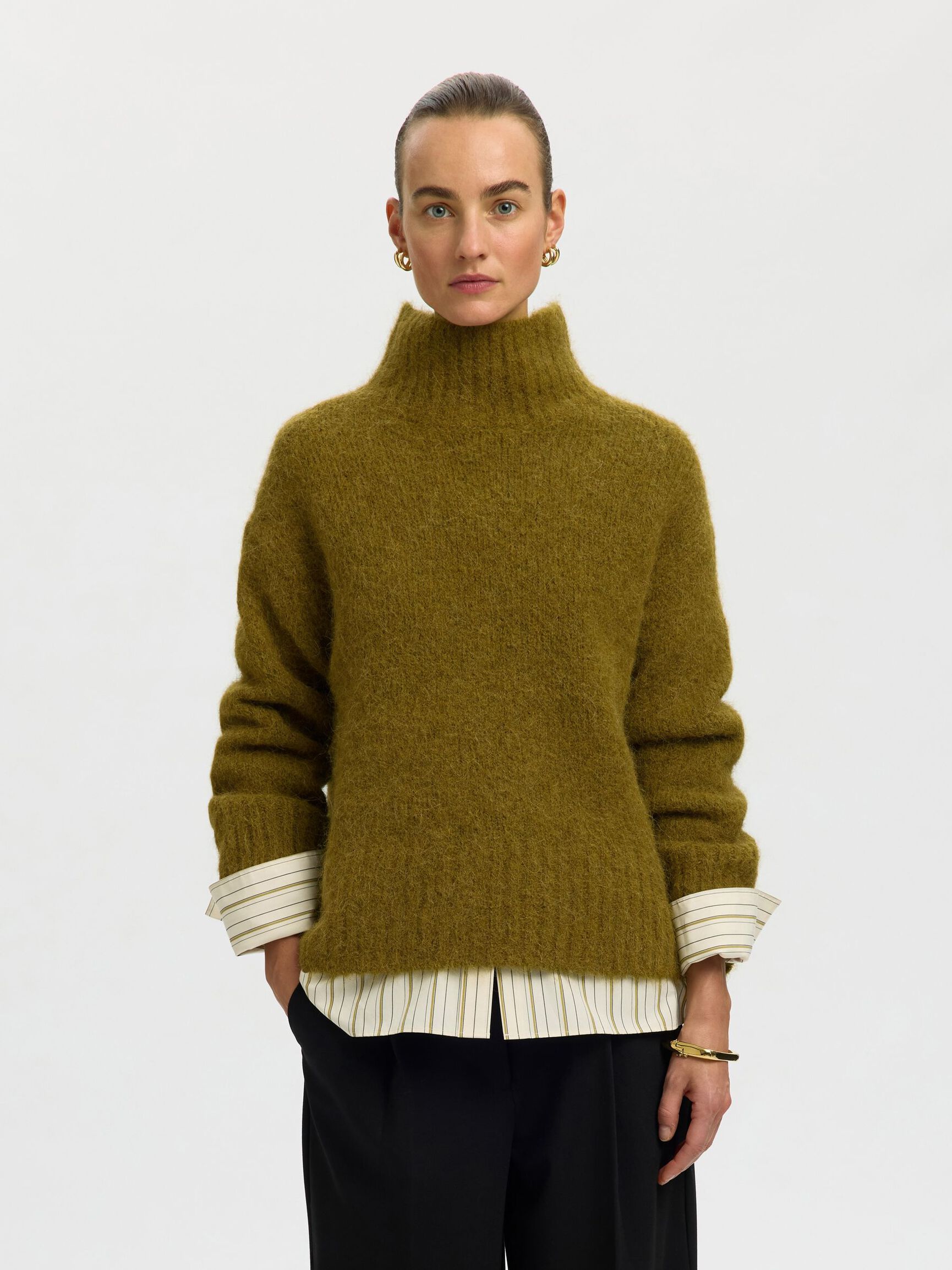 WOOL BLEND HIGH-NECK JUMPER, Fir Green, highres