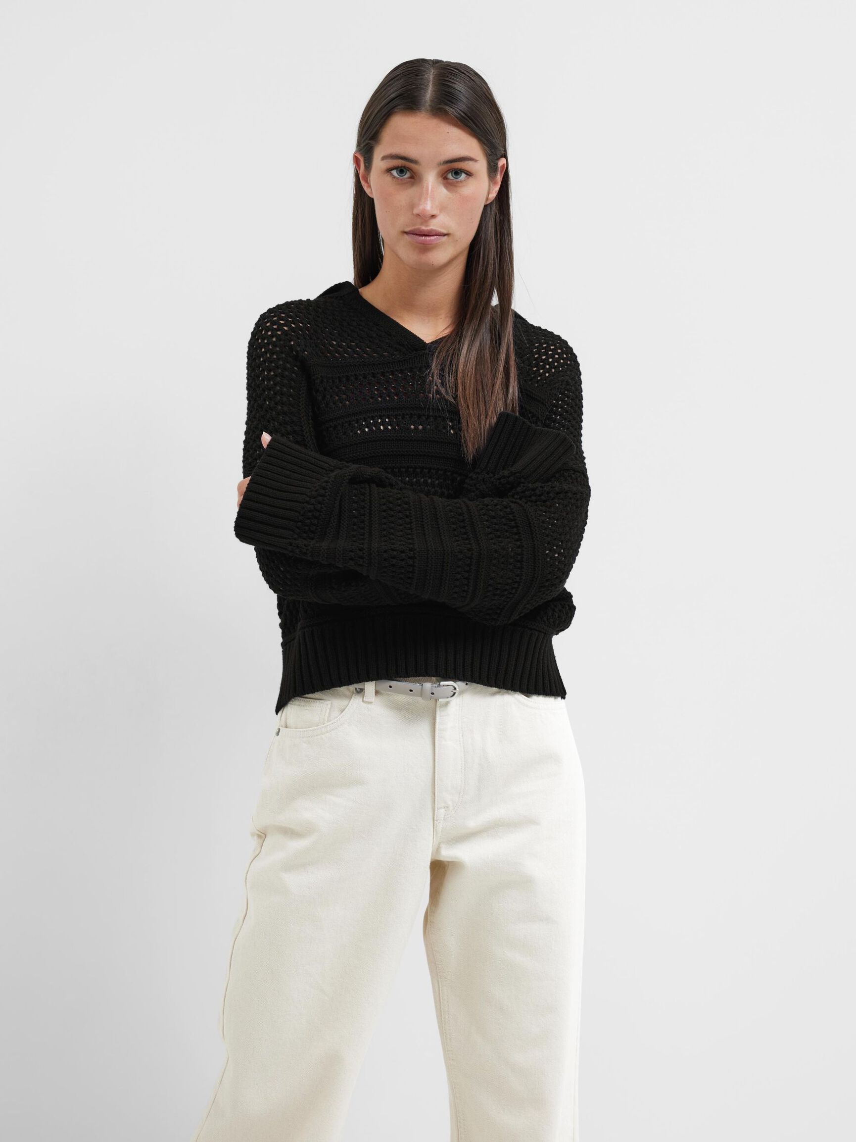 CROCHET-STYLE PULLOVER, Black, highres