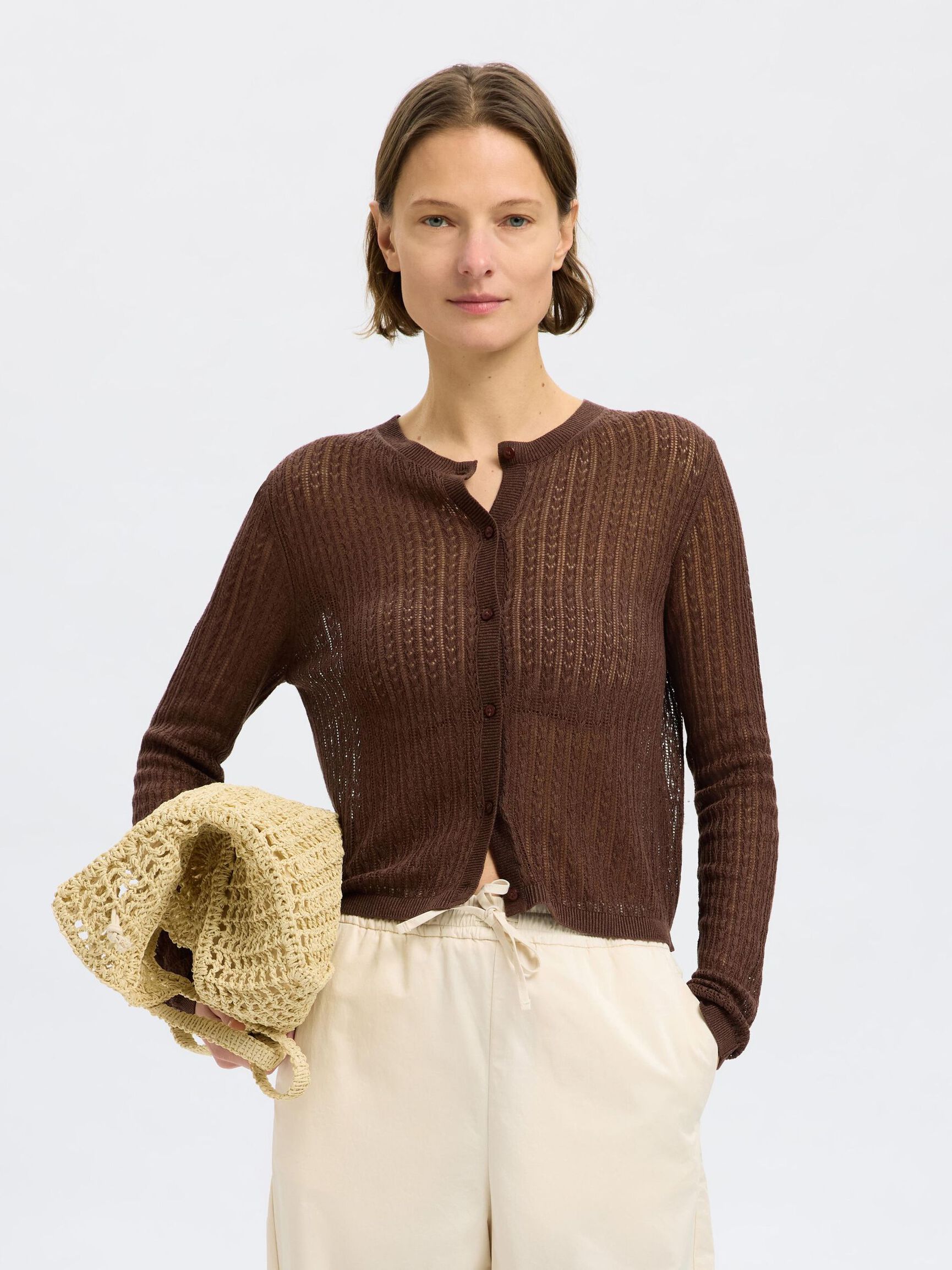 HAMPBLANDING STRIKKET CARDIGAN, Chestnut, highres