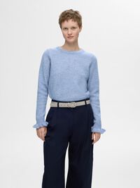 WOOL BLEND RUFFLED SLEEVE PULLOVER, Endless Sky, highres