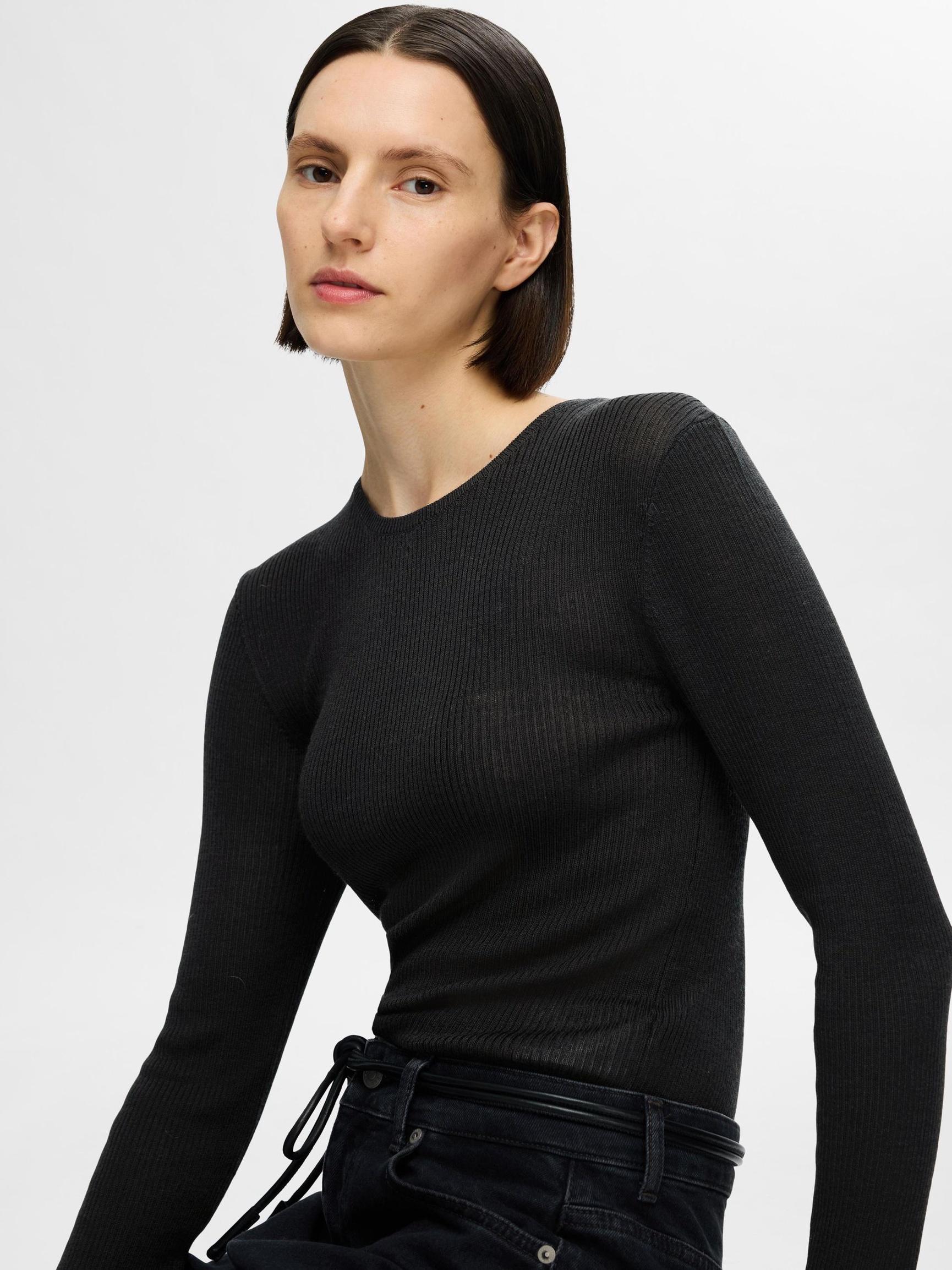 WOOL BLEND LONG SLEEVED TOP, Black, highres
