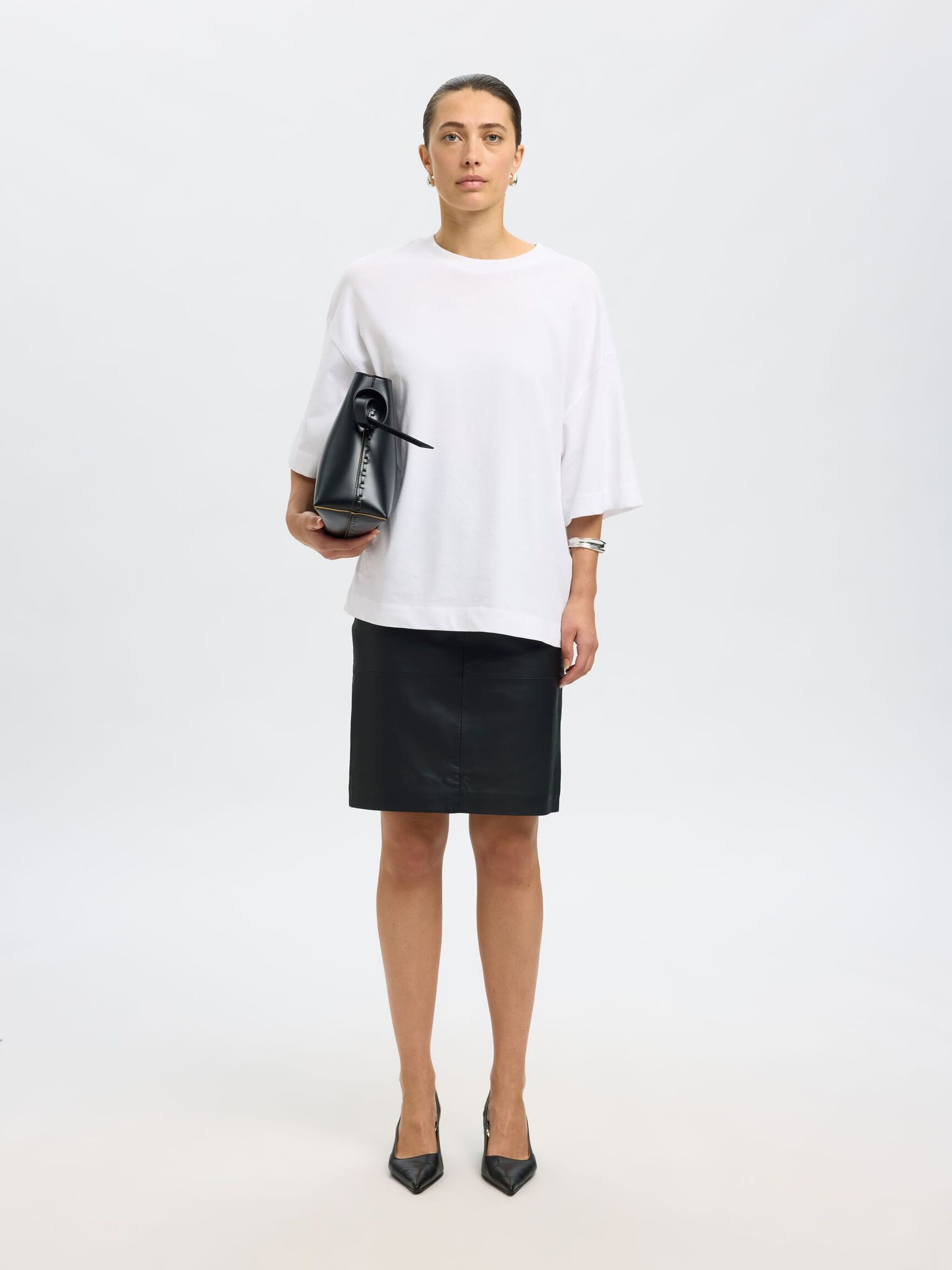 HIGH WAIST  LEATHER SKIRT, Black, highres
