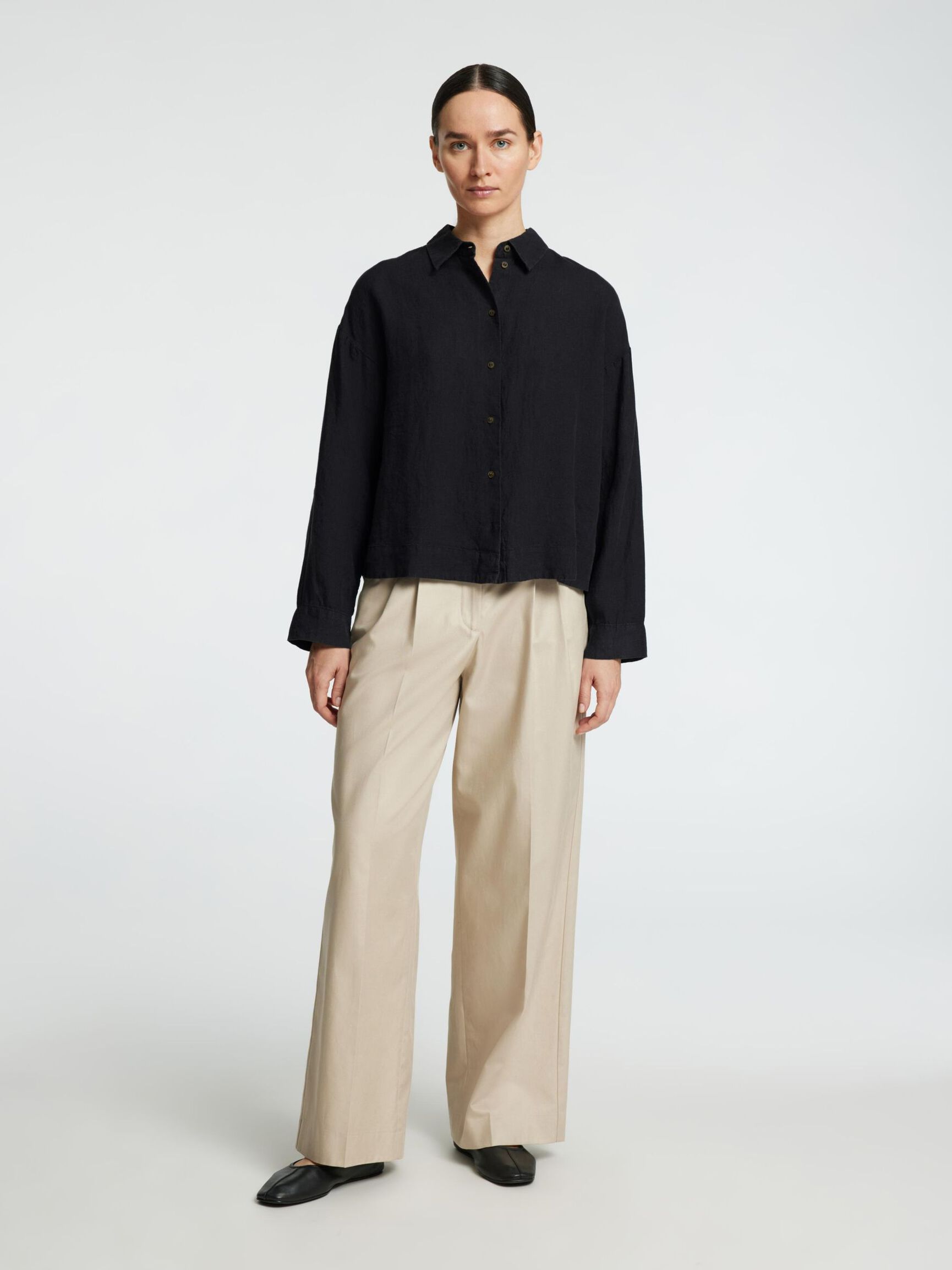 LINEN SHIRT, Black, highres