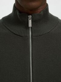 ZIPPED HIGH NECK KNITTED CARDIGAN, Deep Forest, highres