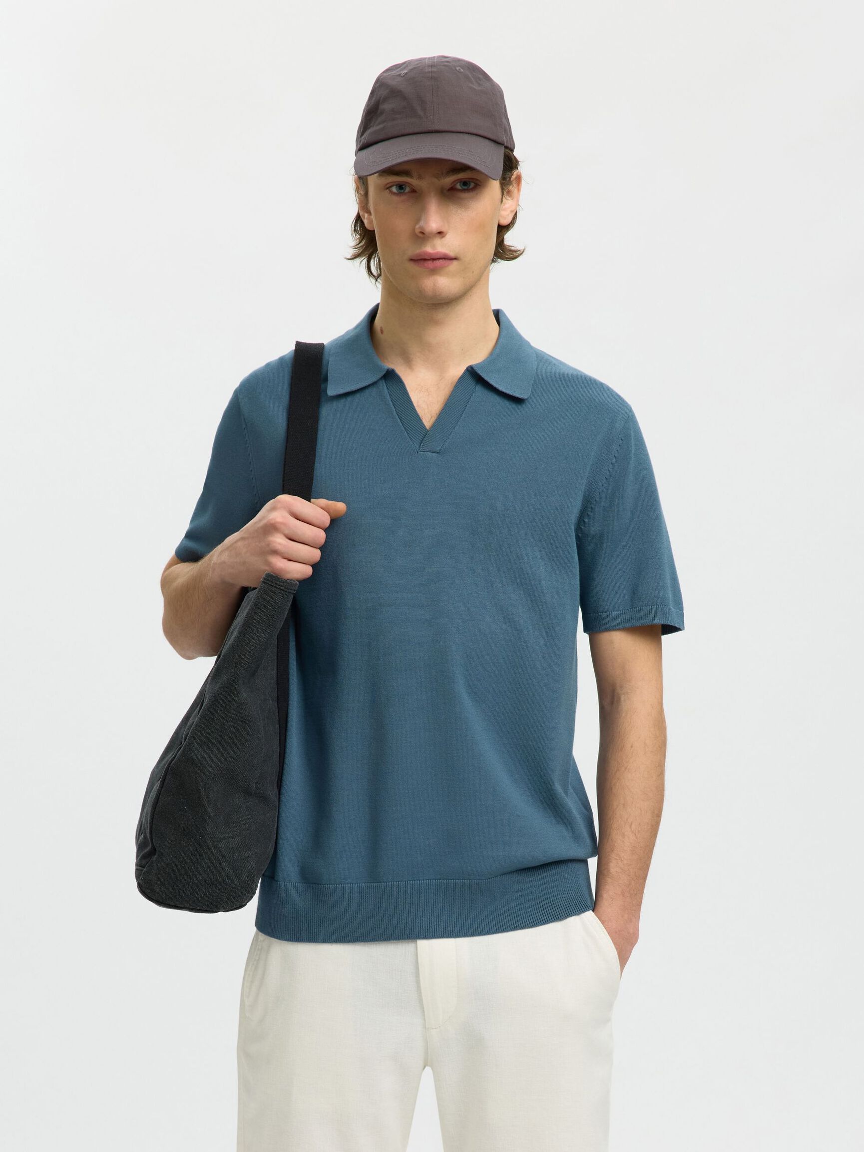 KNITTED POLO SHIRT, Blue Mirage, highres