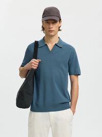 KNITTED POLO SHIRT, Blue Mirage, highres