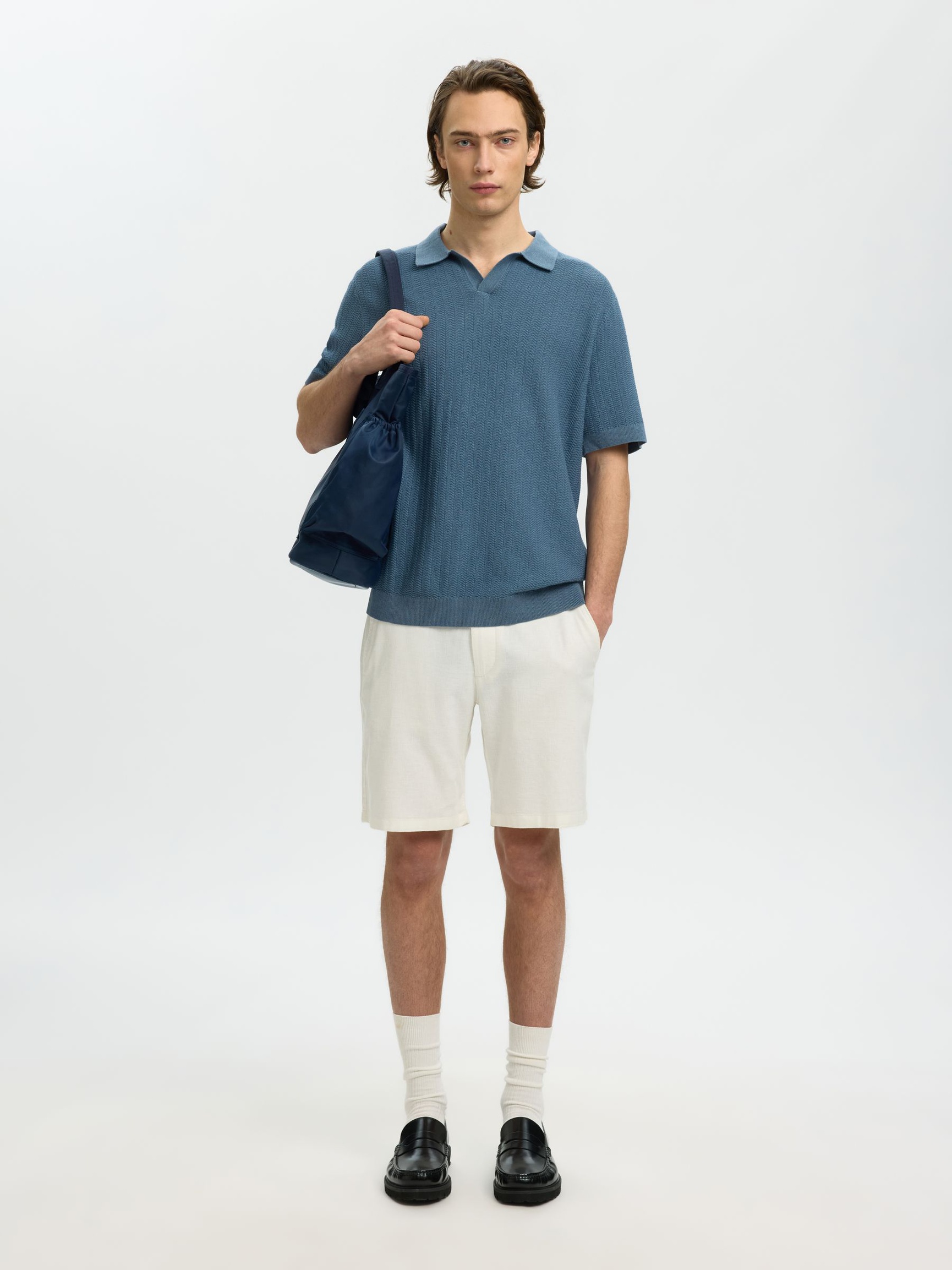 LINEN BLEND POLO SHIRT, Blue Mirage, highres