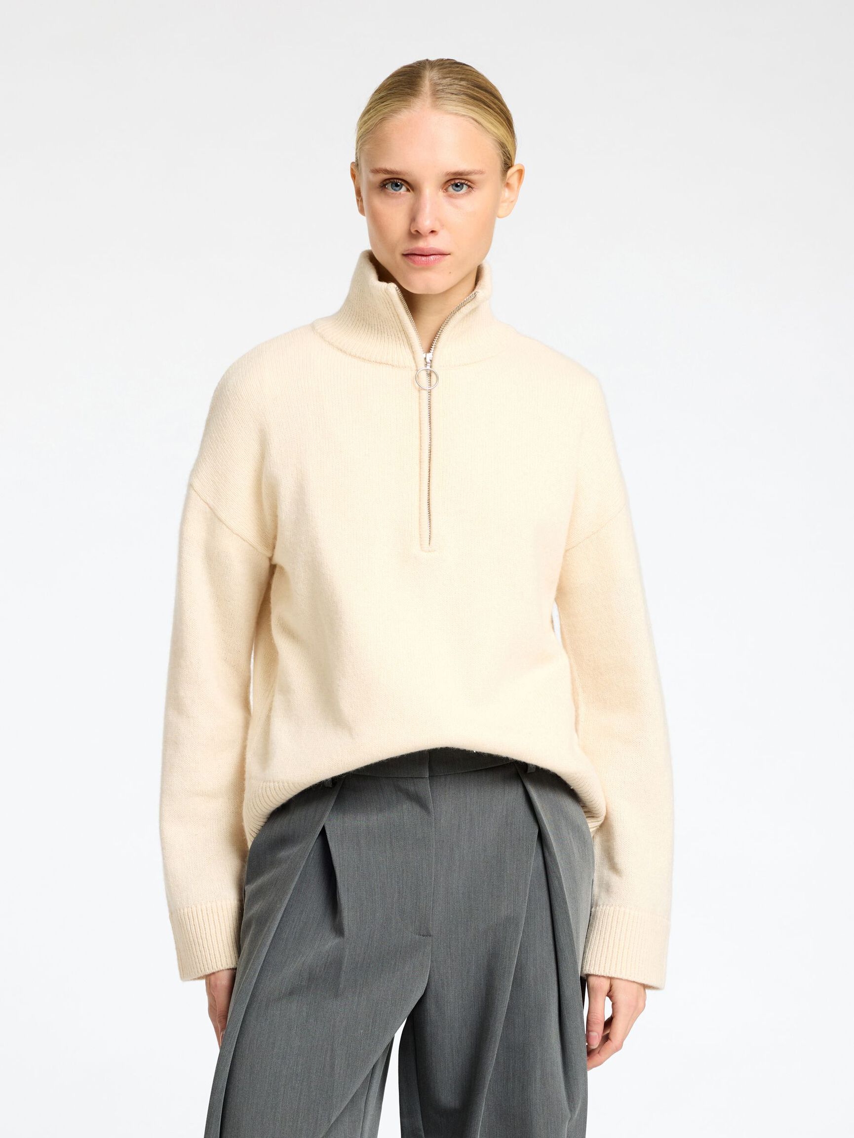 WOOL BLEND HALF-ZIP JUMPER, Birch, highres