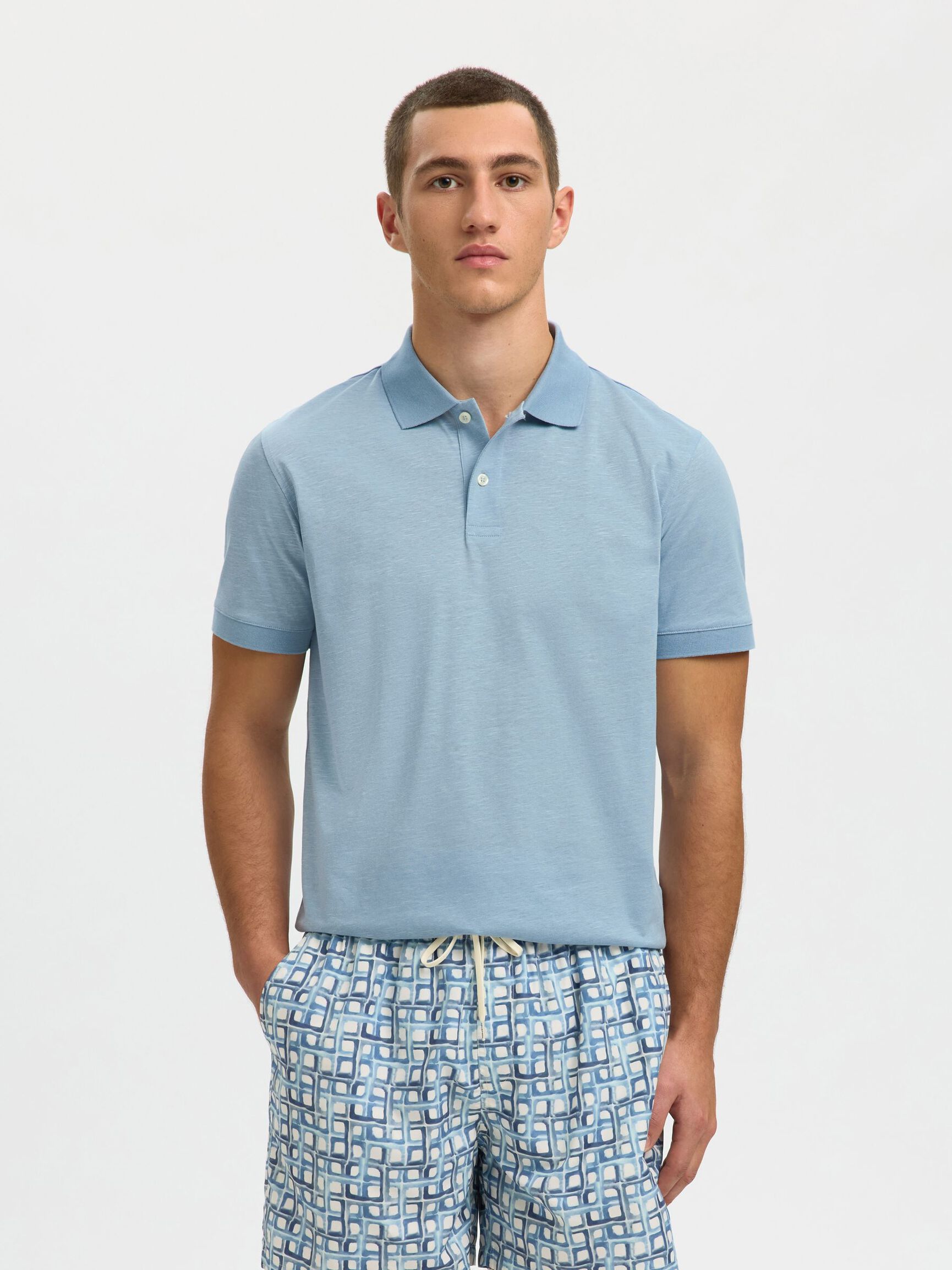 LINEN BLEND POLO SHIRT, Dusty Blue, highres