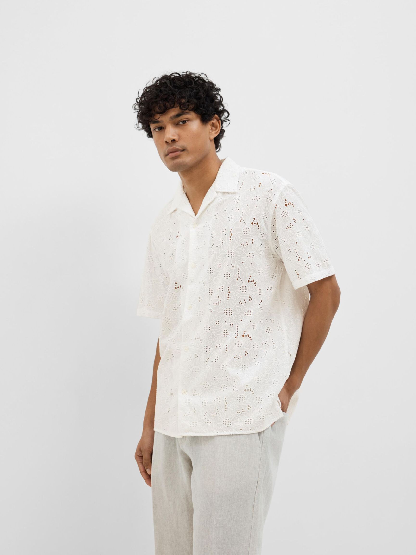 BRODERIE ANGLAISE OVERHEMD MET KORTE MOUWEN, Bright White, highres