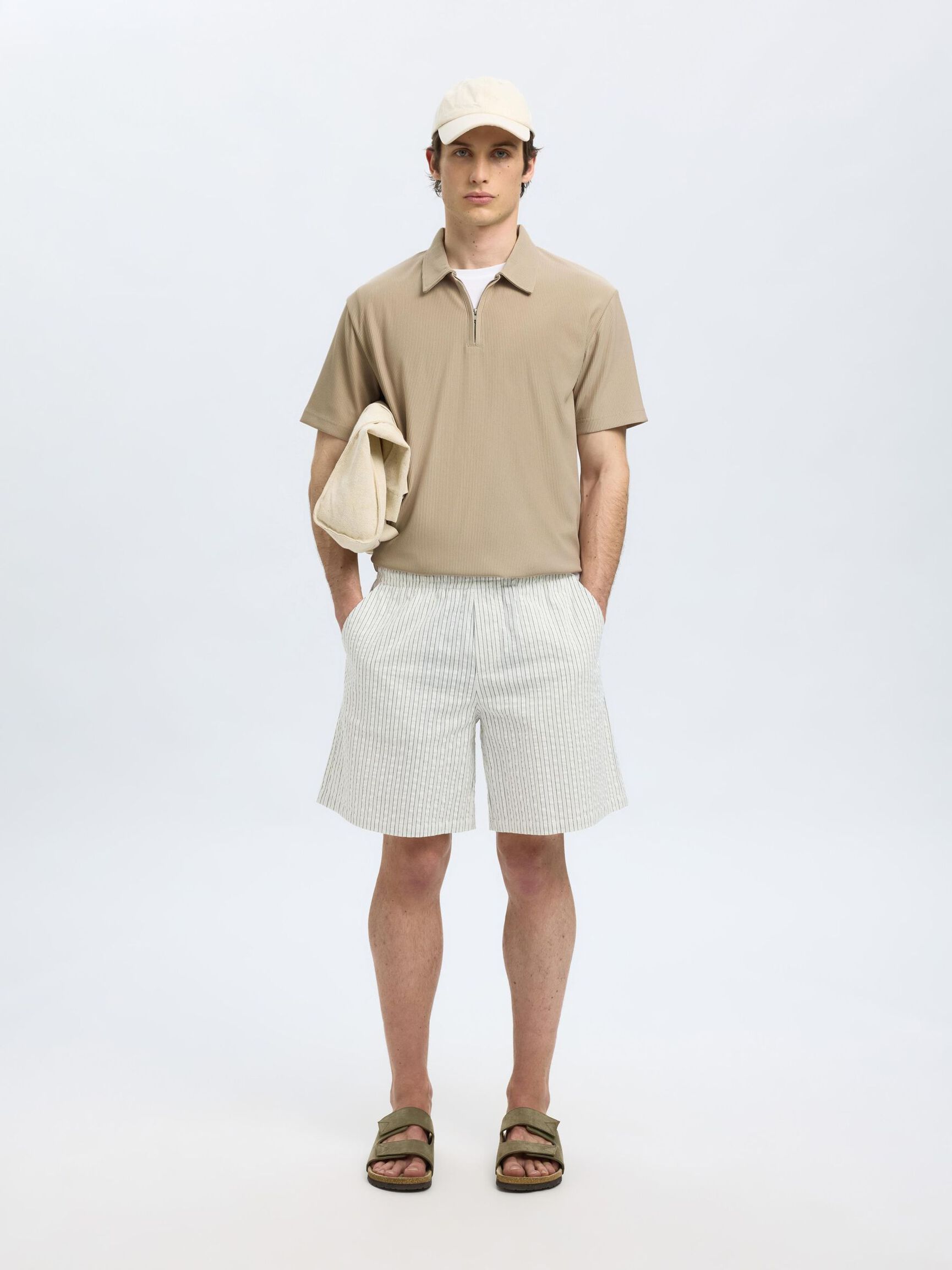HALF ZIP PLISSE POLO SHIRT, Pure Cashmere, highres