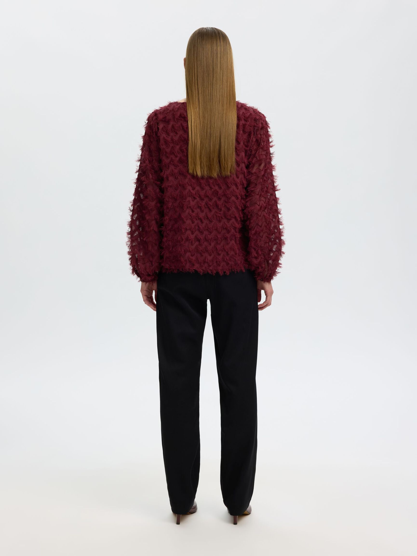 ZIGZAG FRINGE BALLOON SLEEVE TOP, Tawny Port, highres