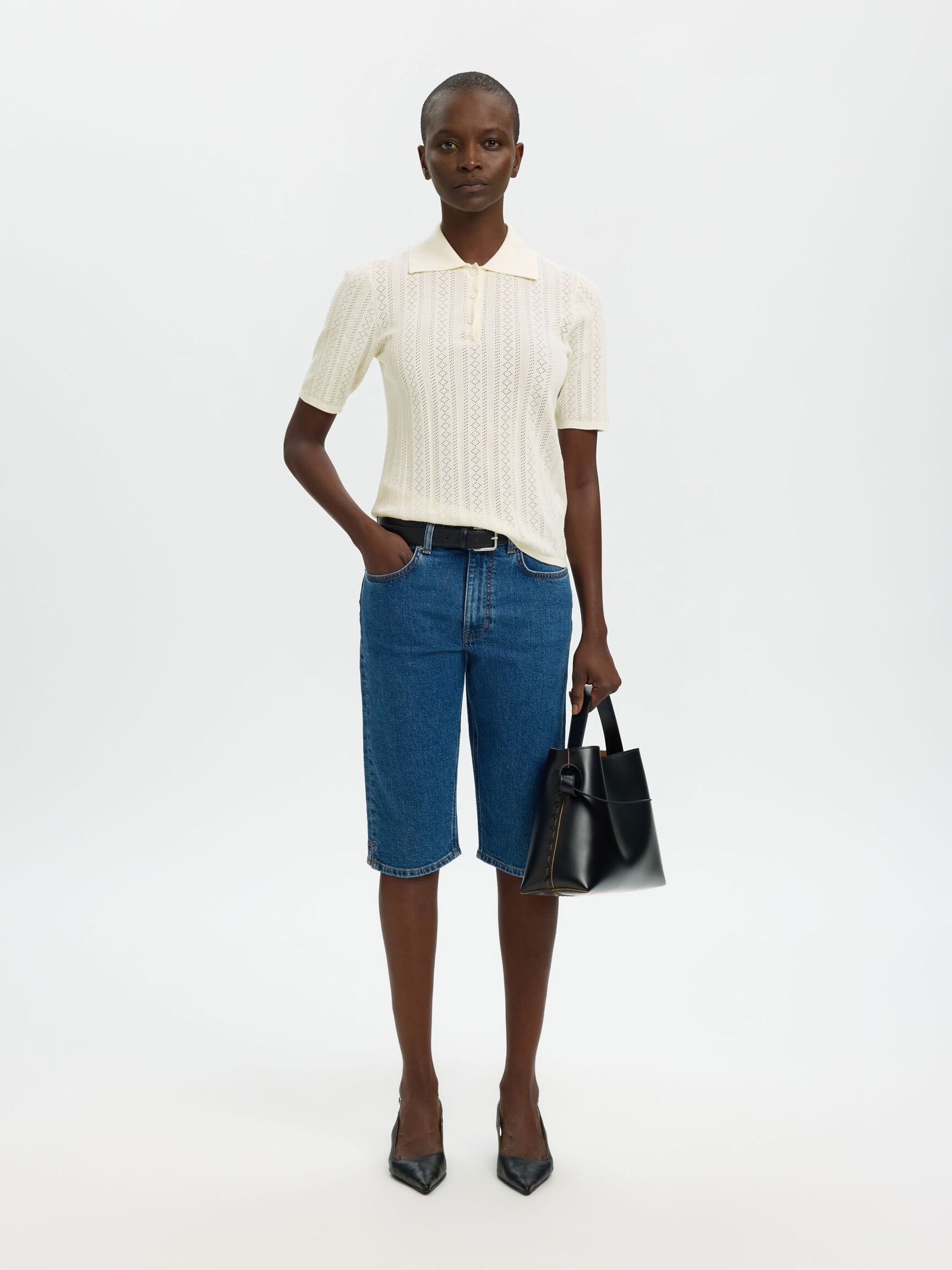 COTTON KNITTED POLO SHIRT, Snow White, highres