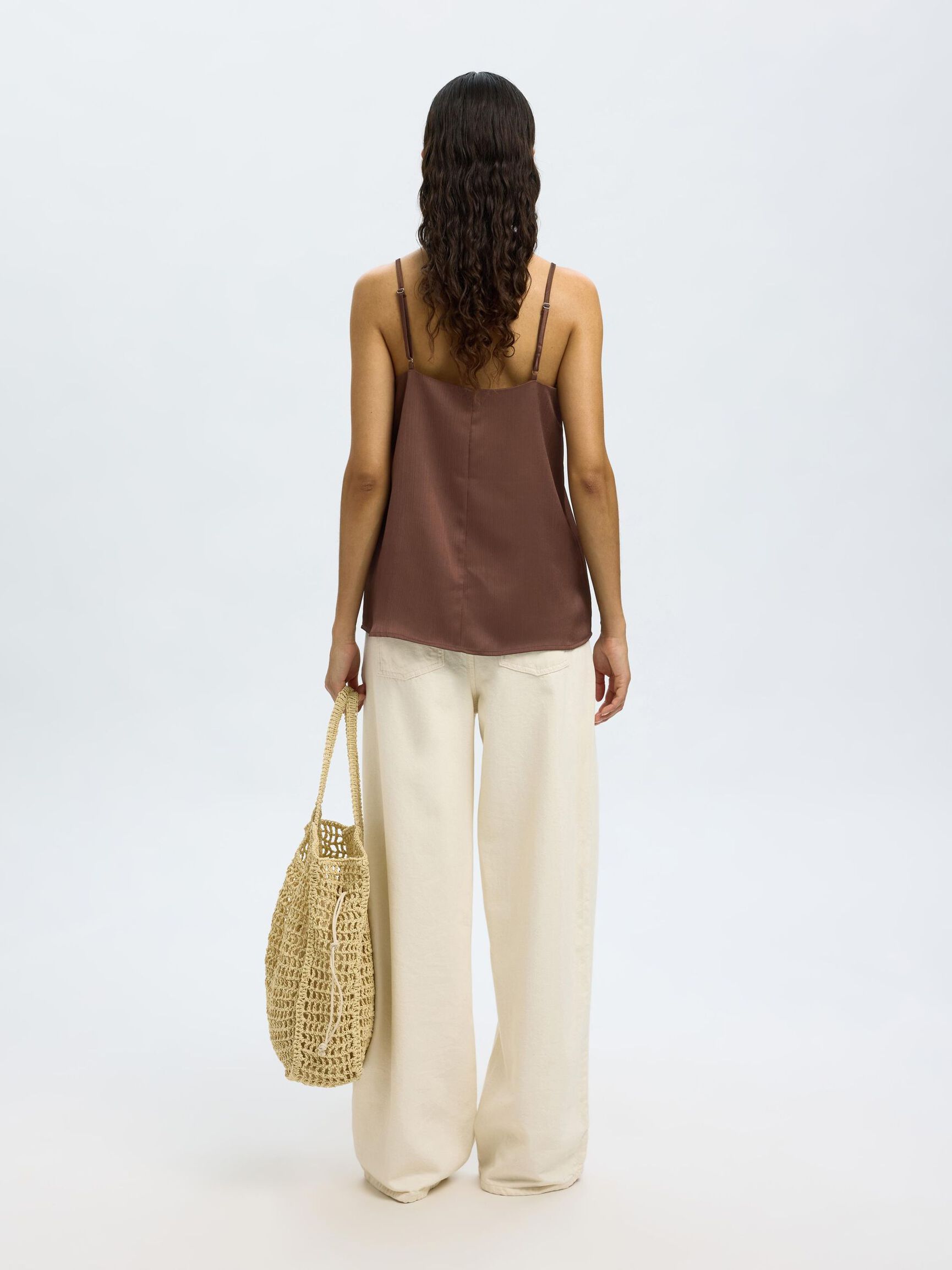 SATIN SPAGHETTI STRAP TOP, Chestnut, highres