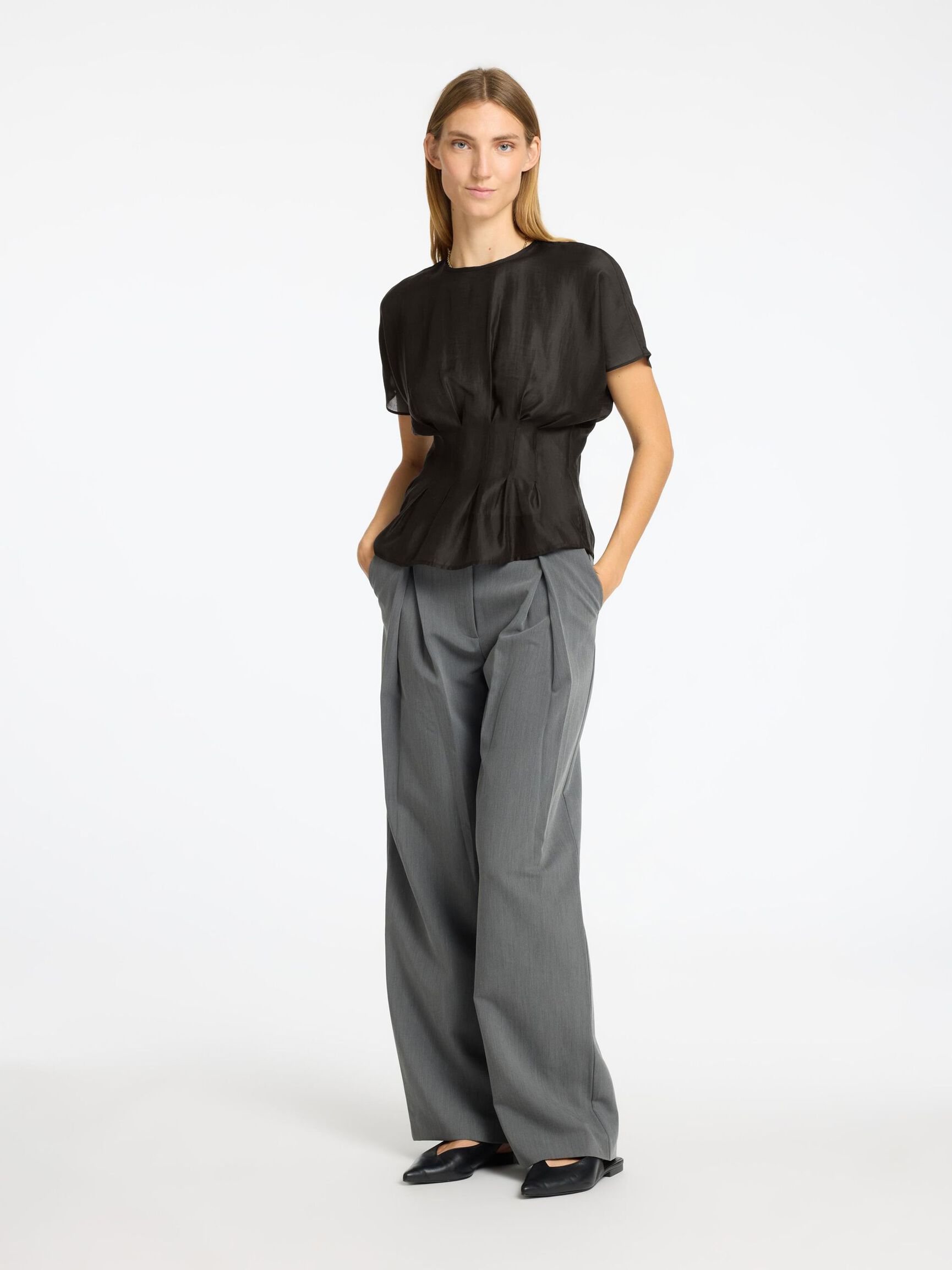 STRUCTURED SHORT SLEEVED TOP, Black, highres