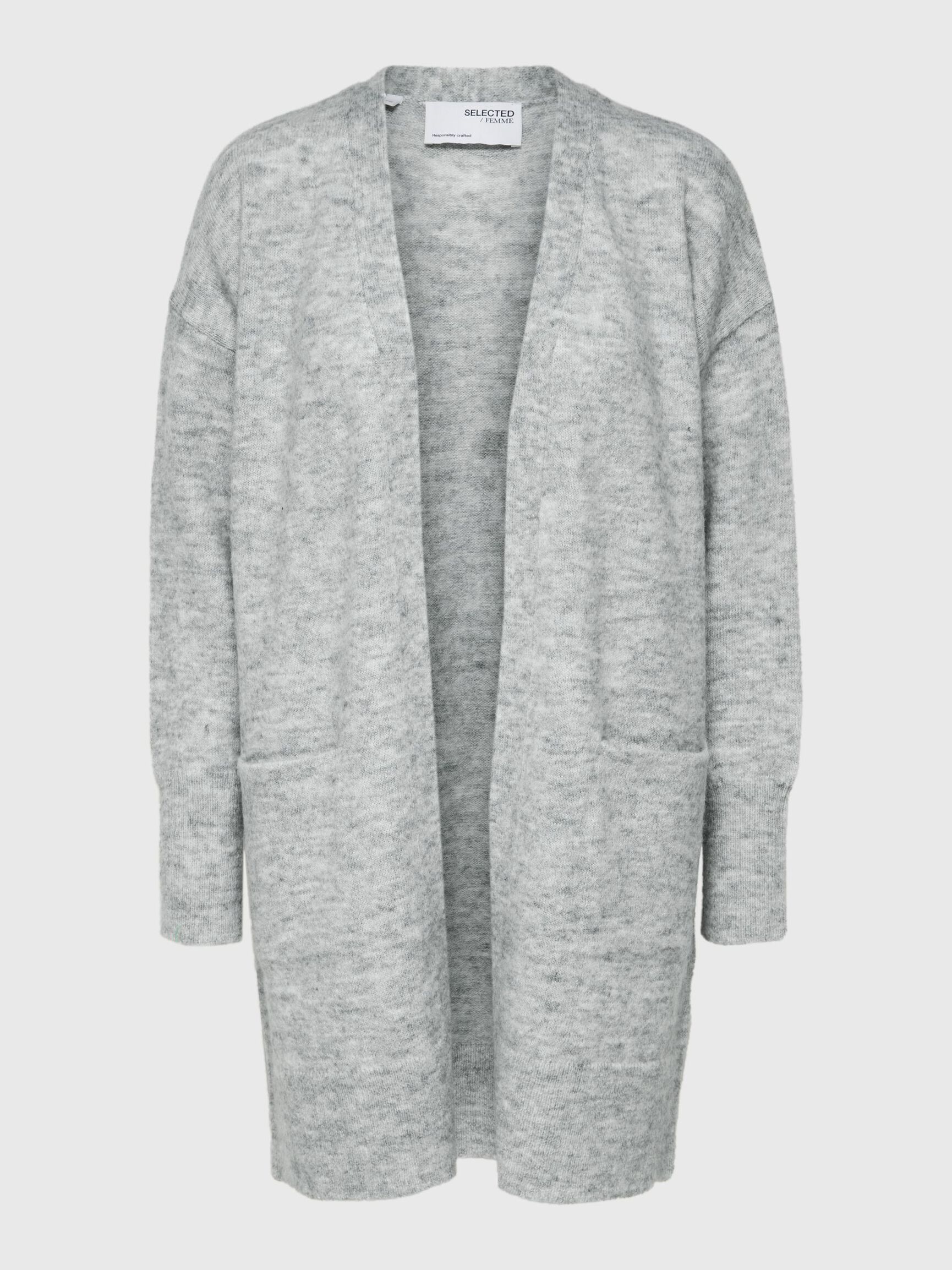 LONG KNITTED CARDIGAN, Light Grey Melange, highres