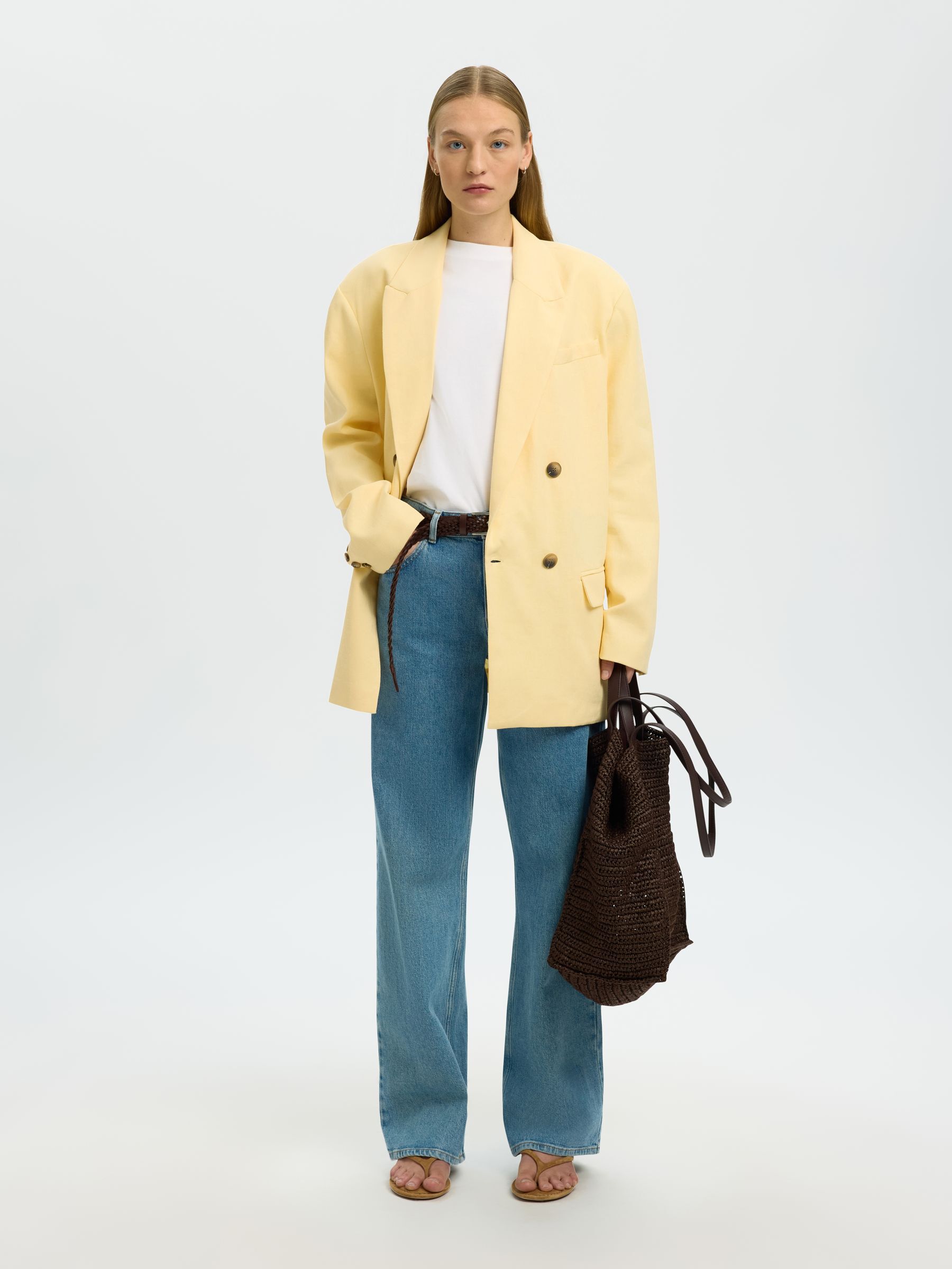 LINEN BLEND OVERSIZED BLAZER, Italian Straw, highres