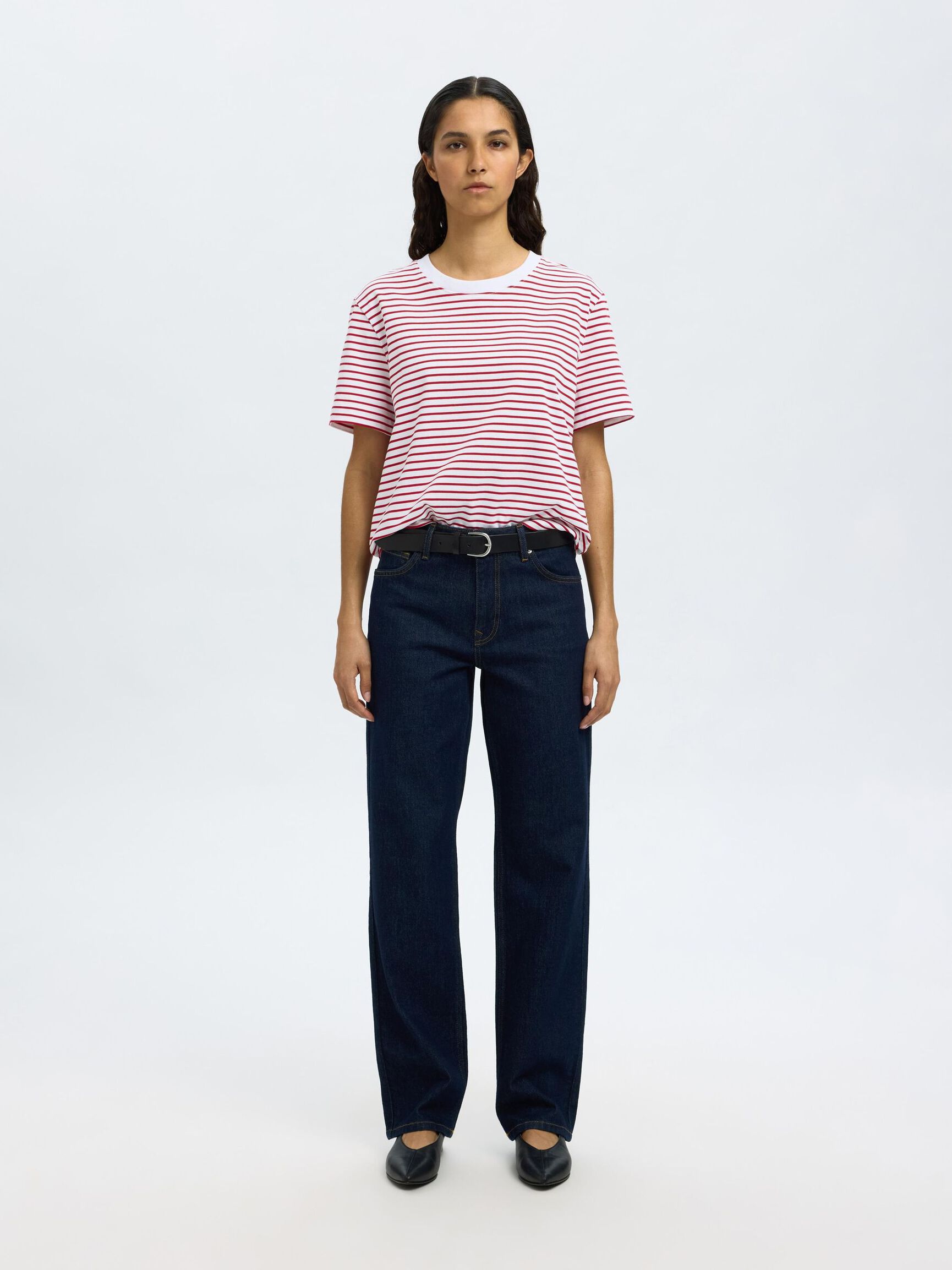 GESTREEPT BOXY T-SHIRT, Equestrian Red, highres
