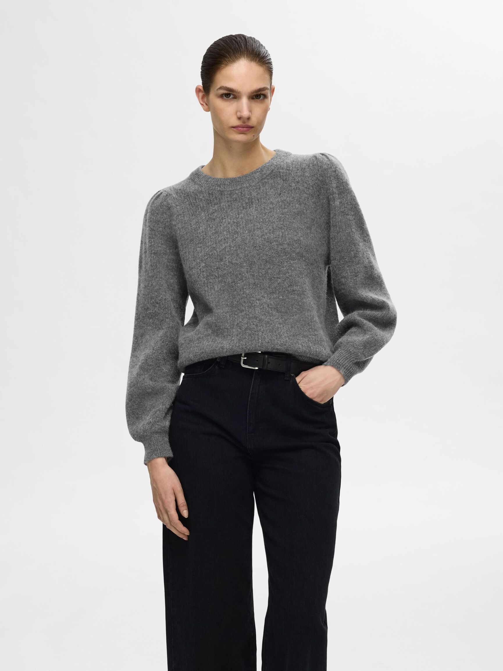 WOOL BLEND KNITTED JUMPER, Medium Grey Melange, highres