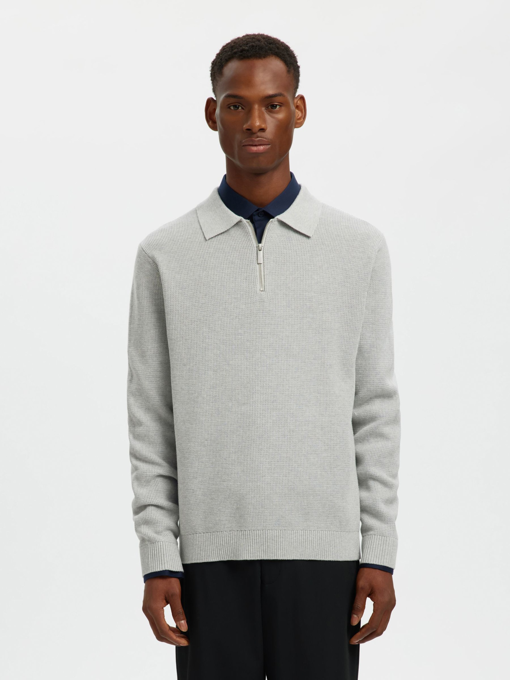 LANGÆRMET TRØJE MED HALV LYNLÅS, Light Grey Melange, highres
