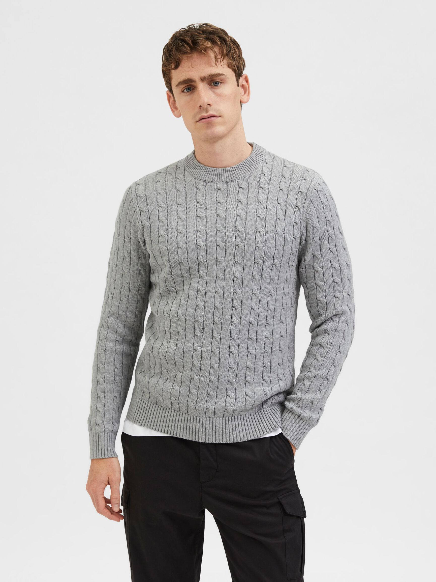 CABLE KNIT KNITTED JUMPER, Medium Grey Melange, highres