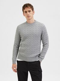 CABLE KNIT KNITTED JUMPER, Medium Grey Melange, highres
