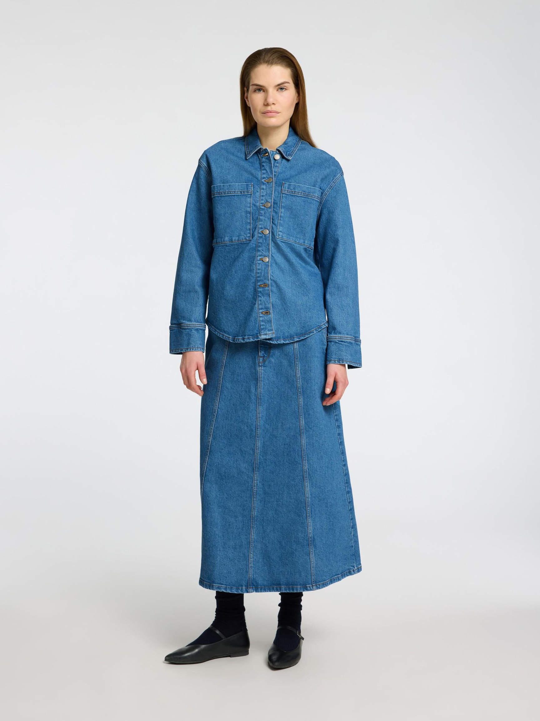 LANGE MOUWEN SPIJKERBLOUSE, Medium Blue Denim, highres