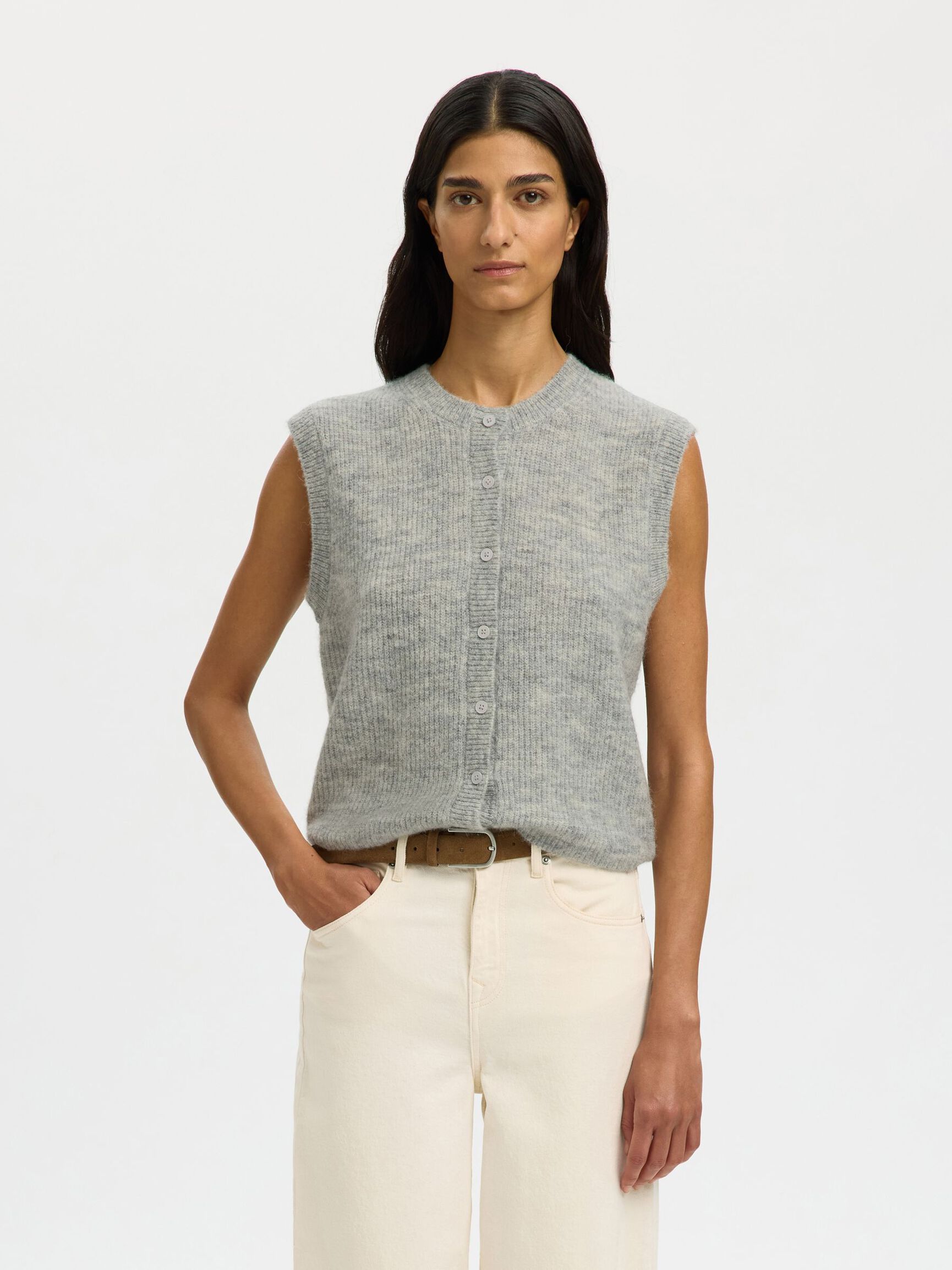 ULLBLANDNING STICKAD VÄST, Light Grey Melange, highres