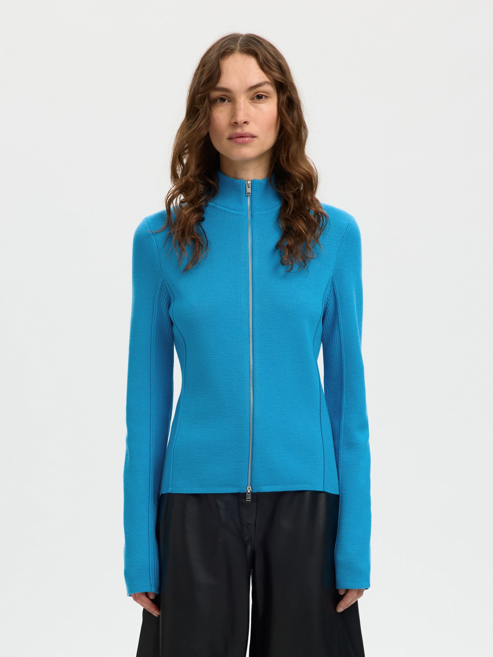 100% MERINO WOOL ZIP-FRONT CARDIGAN, Malibu Blue, highres