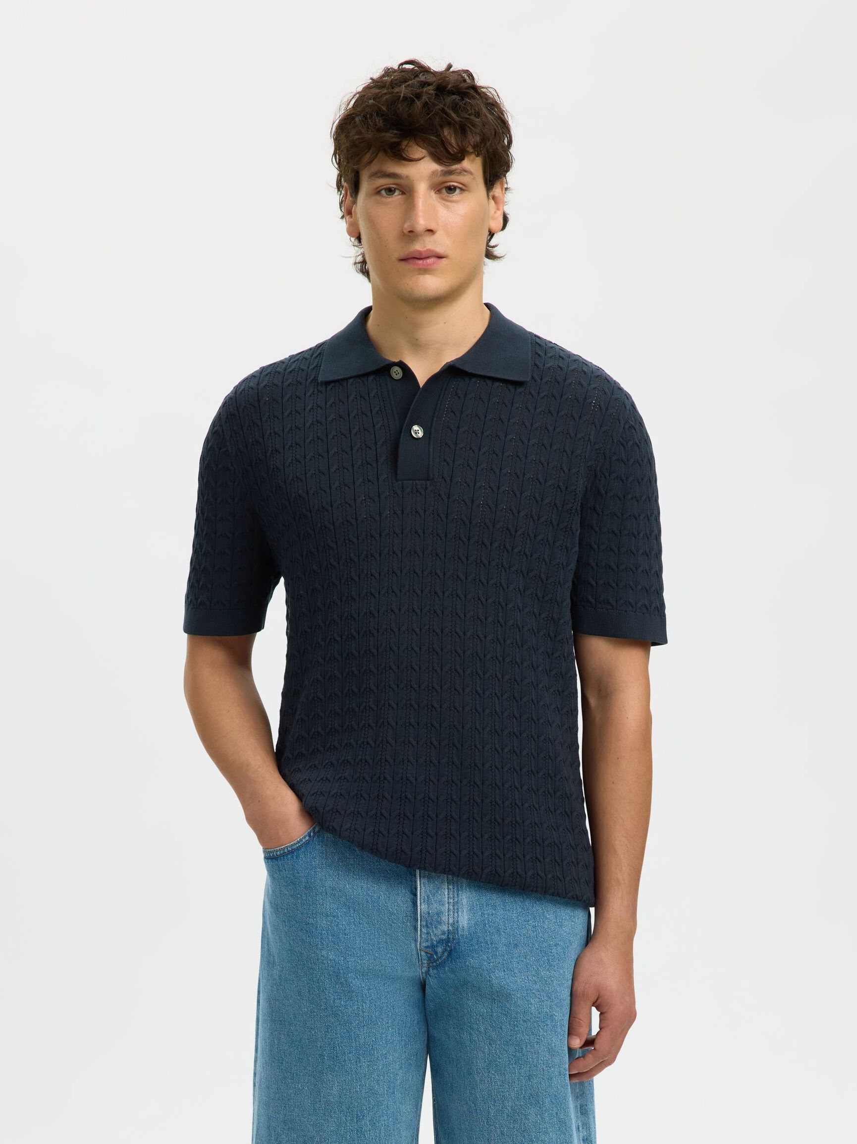 REGULAR FIT KNITTED POLO SHIRT, Sky Captain, highres