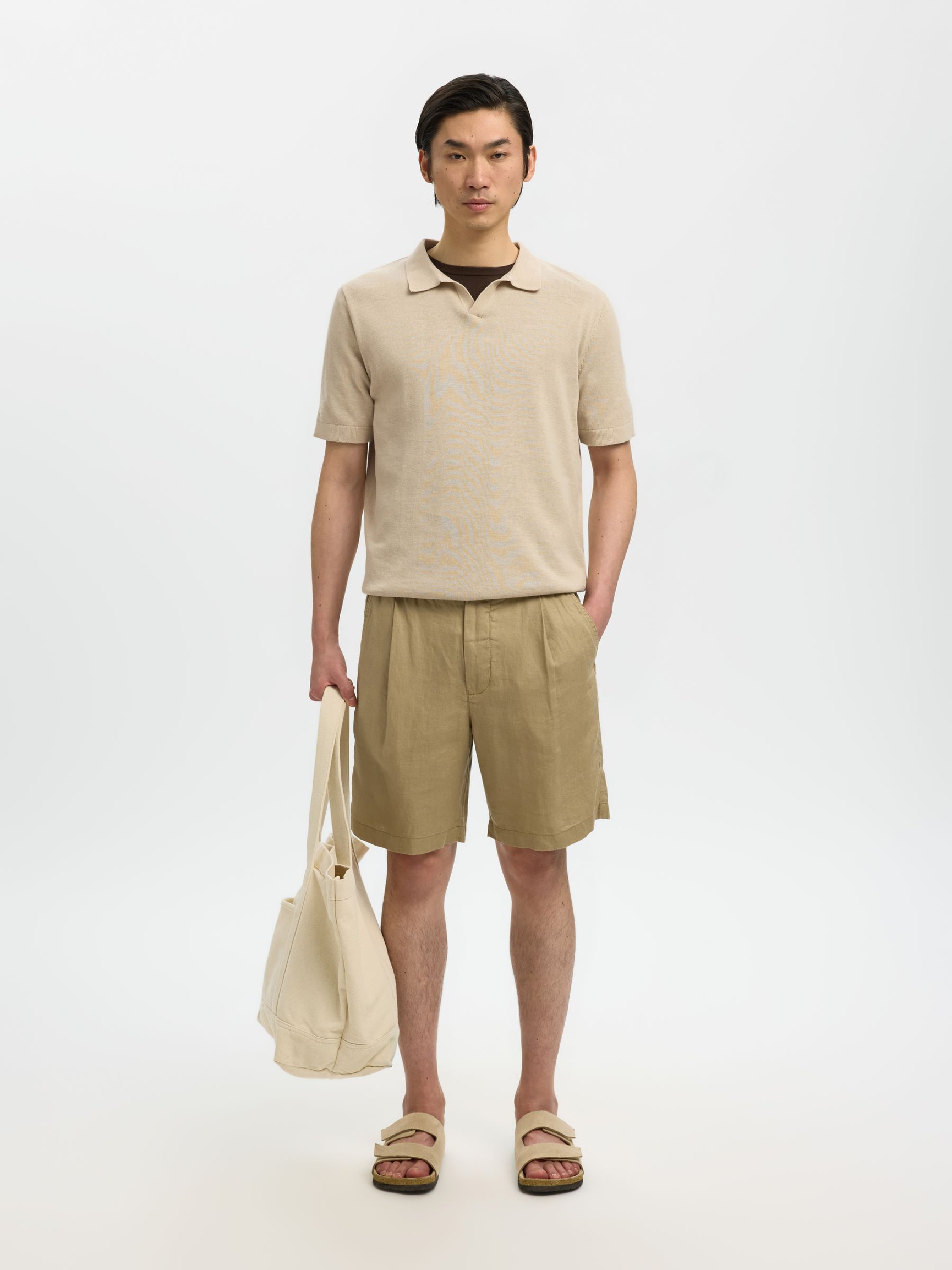 KORTÆRMET STRIKKET POLOSHIRT, Oatmeal, highres