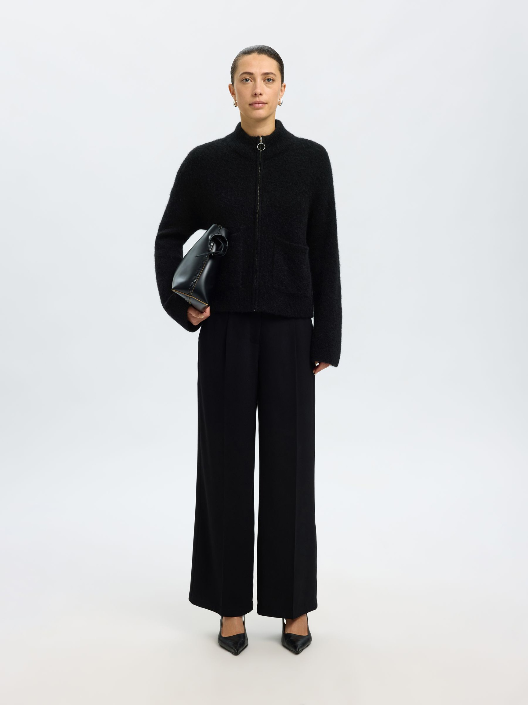 WOOL BLEND CARDIGAN, Black, highres