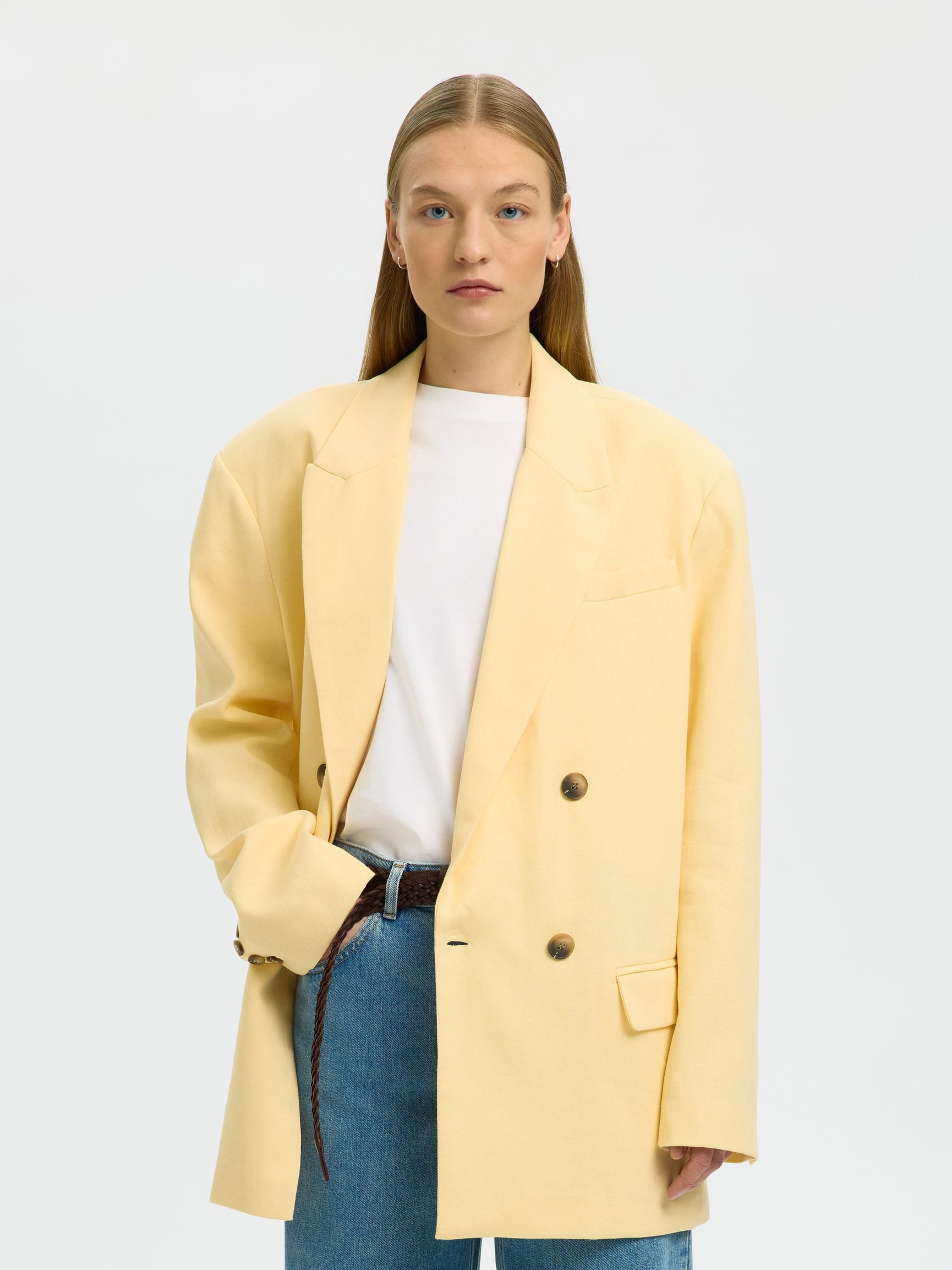 LINEN BLEND OVERSIZED BLAZER, Italian Straw, highres