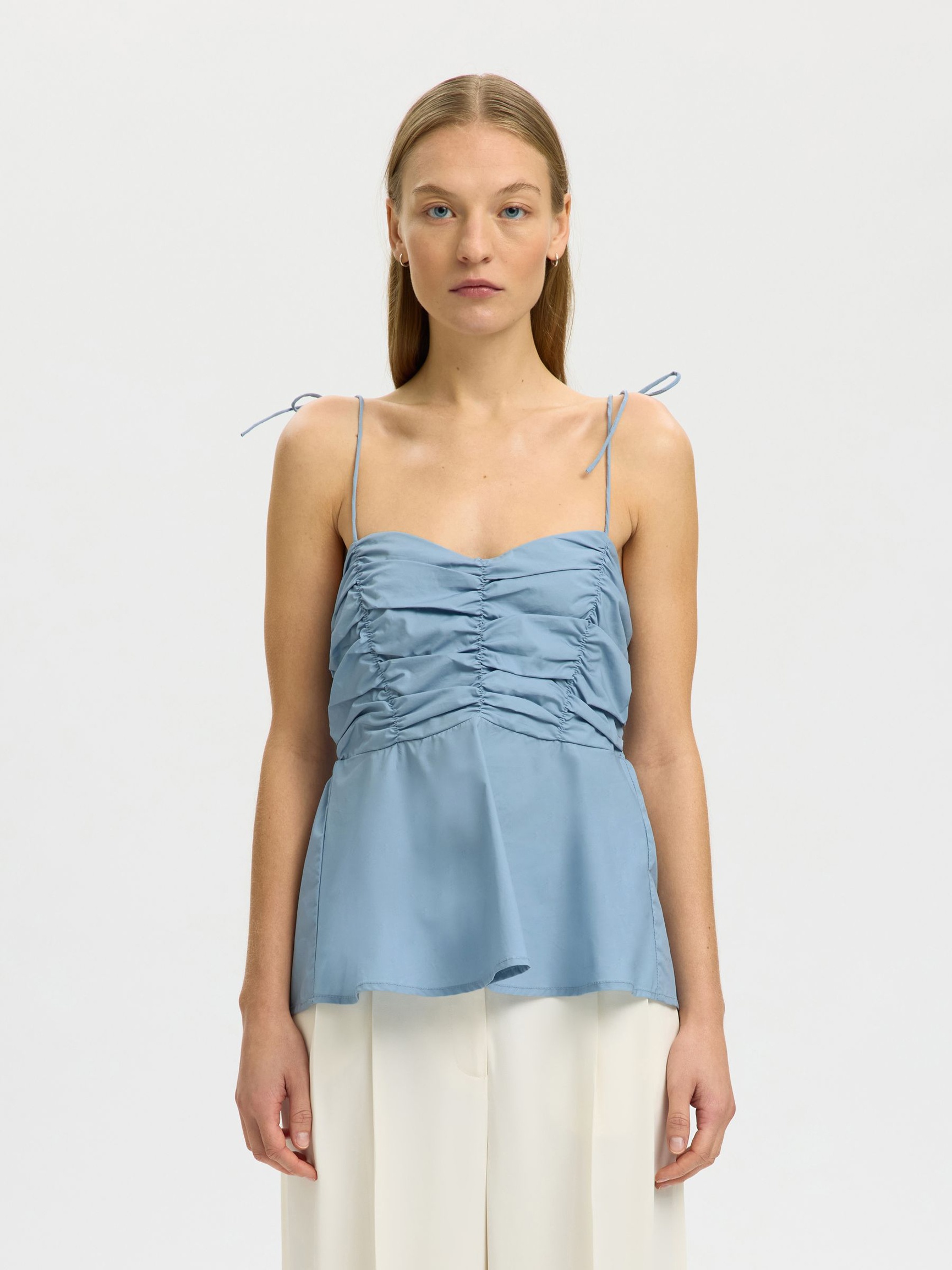 KATOENEN TOP MET SPAGHETTIBANDJES, Dusty Blue, highres