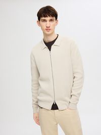 KNITTED ZIP-FRONT CARDIGAN, Oatmeal, highres