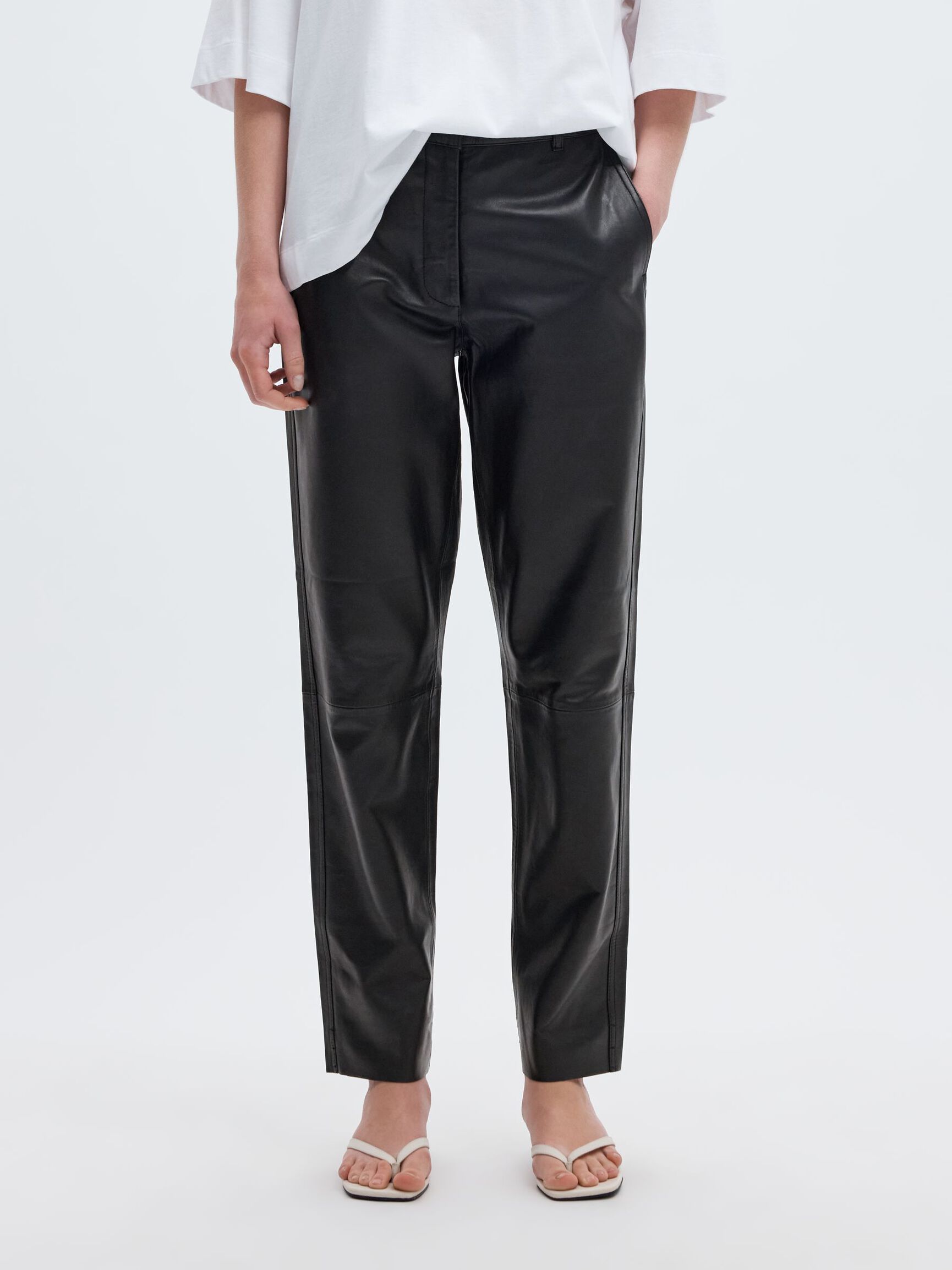 TAPERED LEATHER TROUSERS, Black, highres