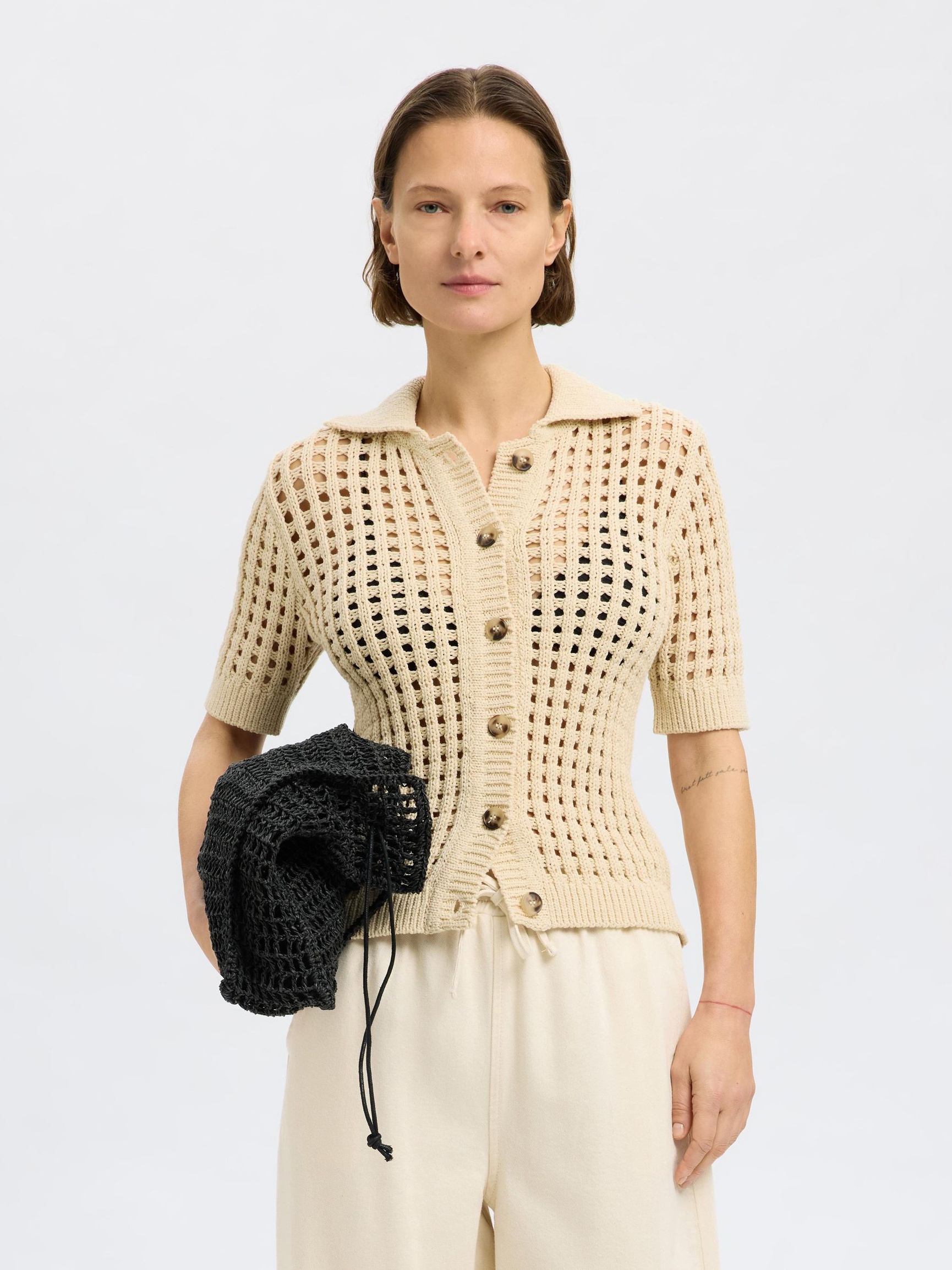 HÆKLET STIL STRIKKET CARDIGAN, Birch, highres