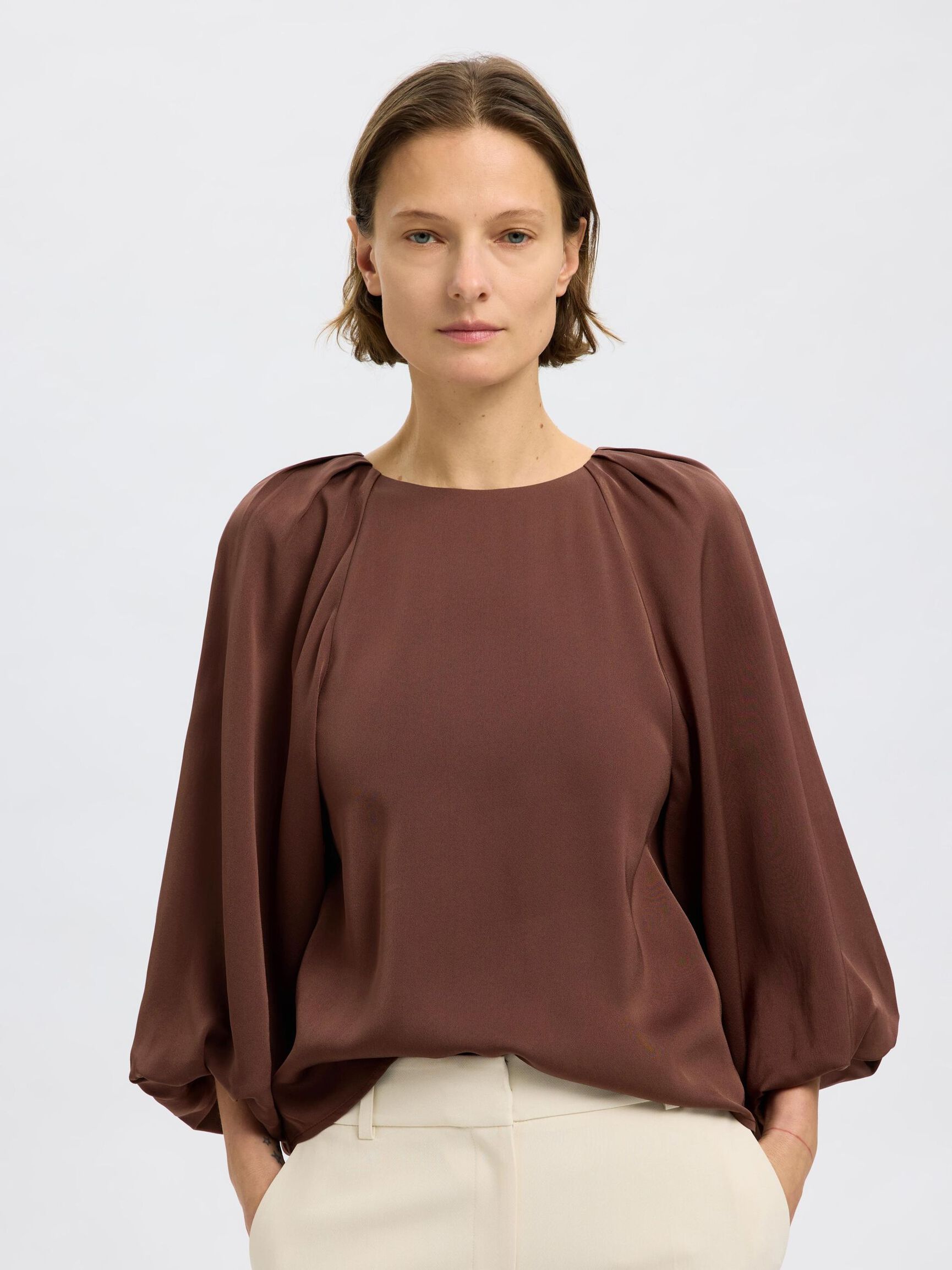 SATIN BLUS MED 3/4-ÄRMAR, Chestnut, highres