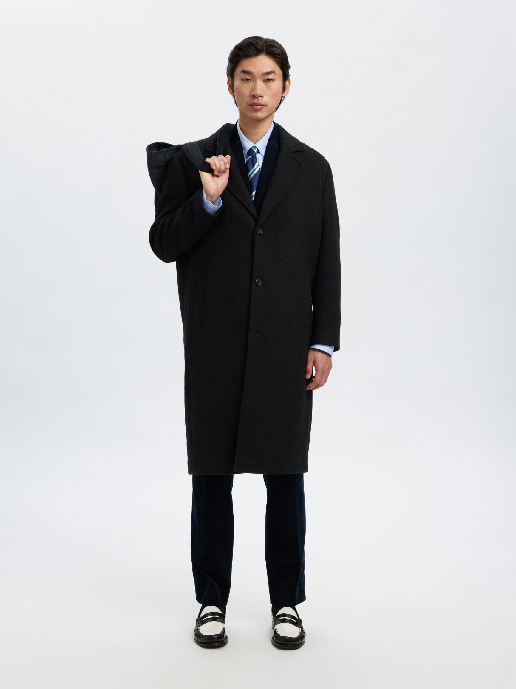 WOOL BLEND LONG COAT, Black, highres