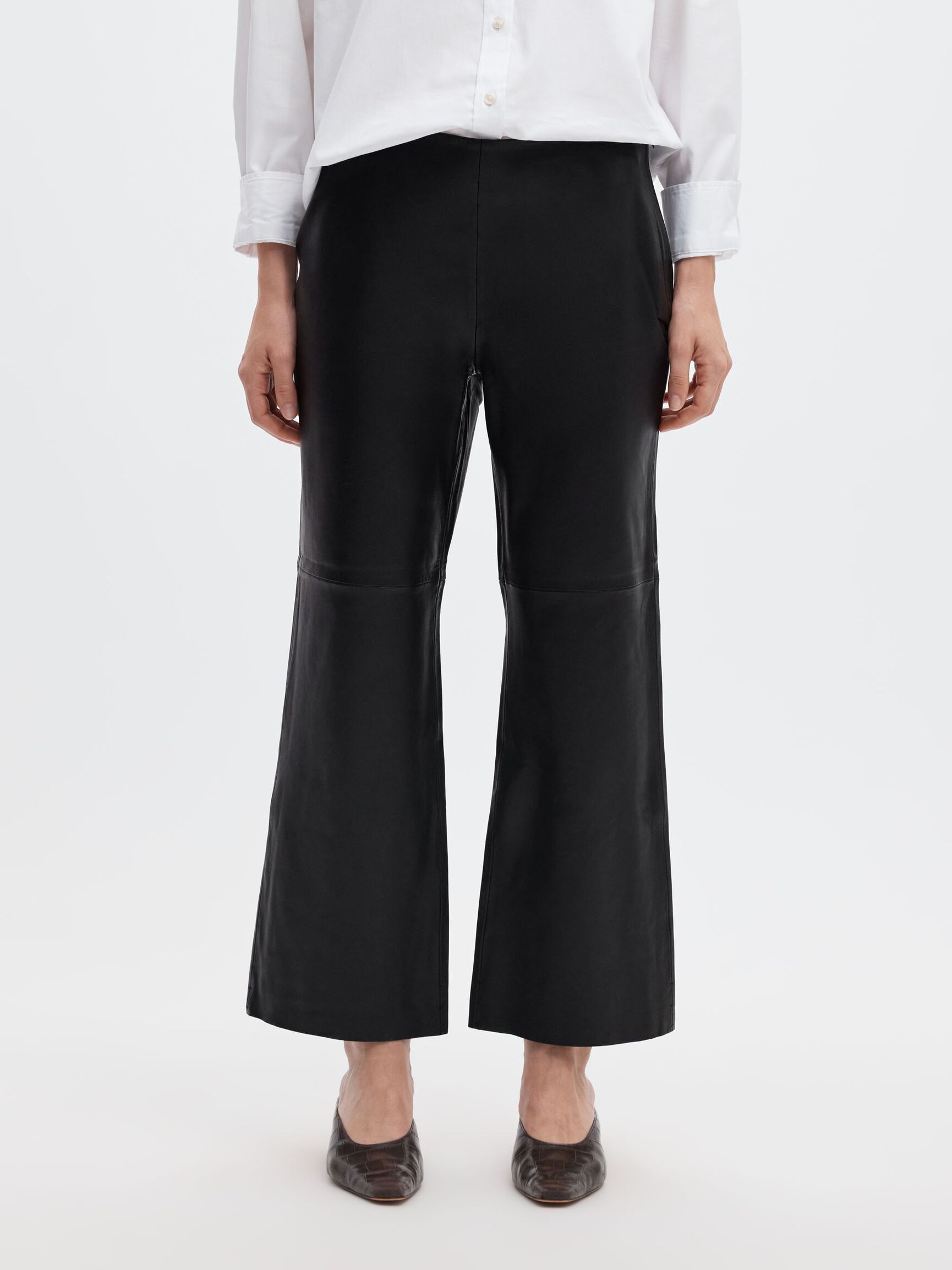 FLARED FIT LEATHER TROUSERS, Black, highres