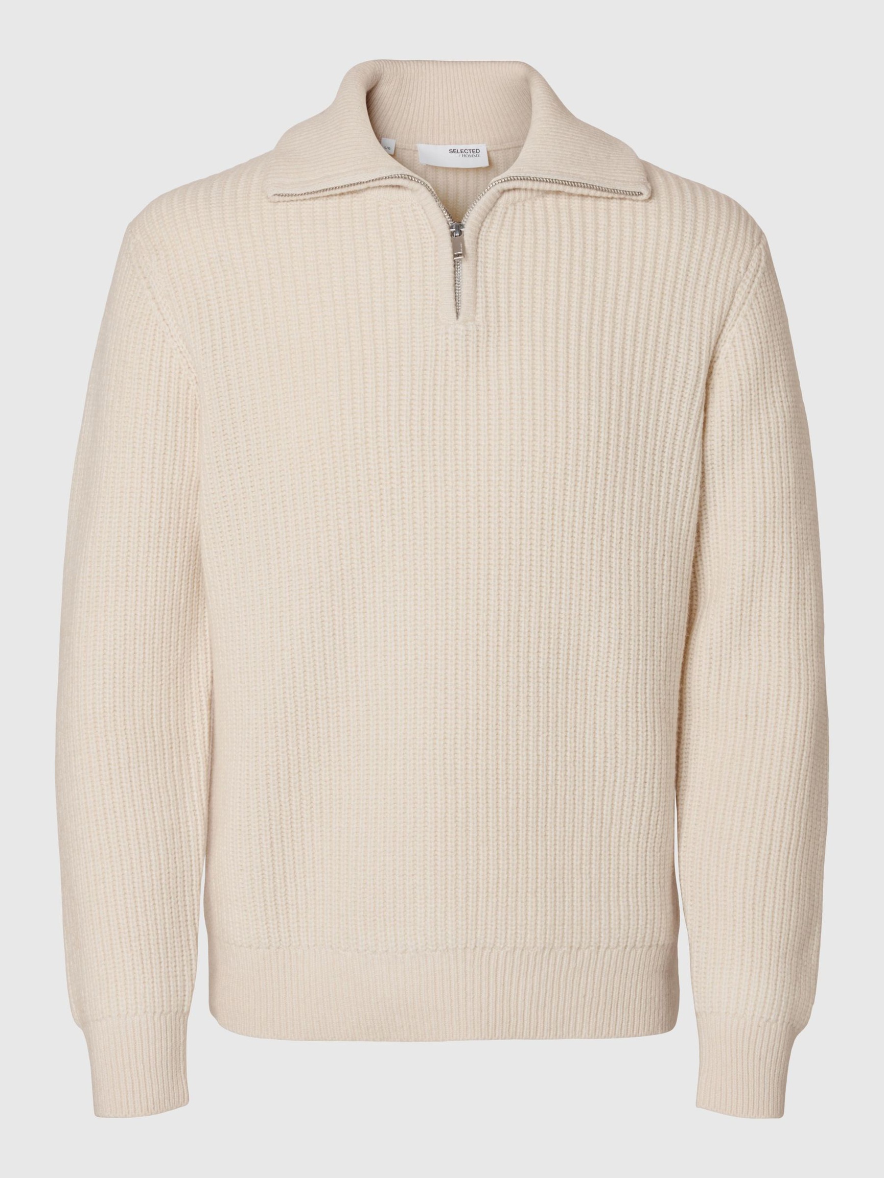 WOLLGEMISCH STRICK HALF-ZIP PULLOVER, Tofu, highres