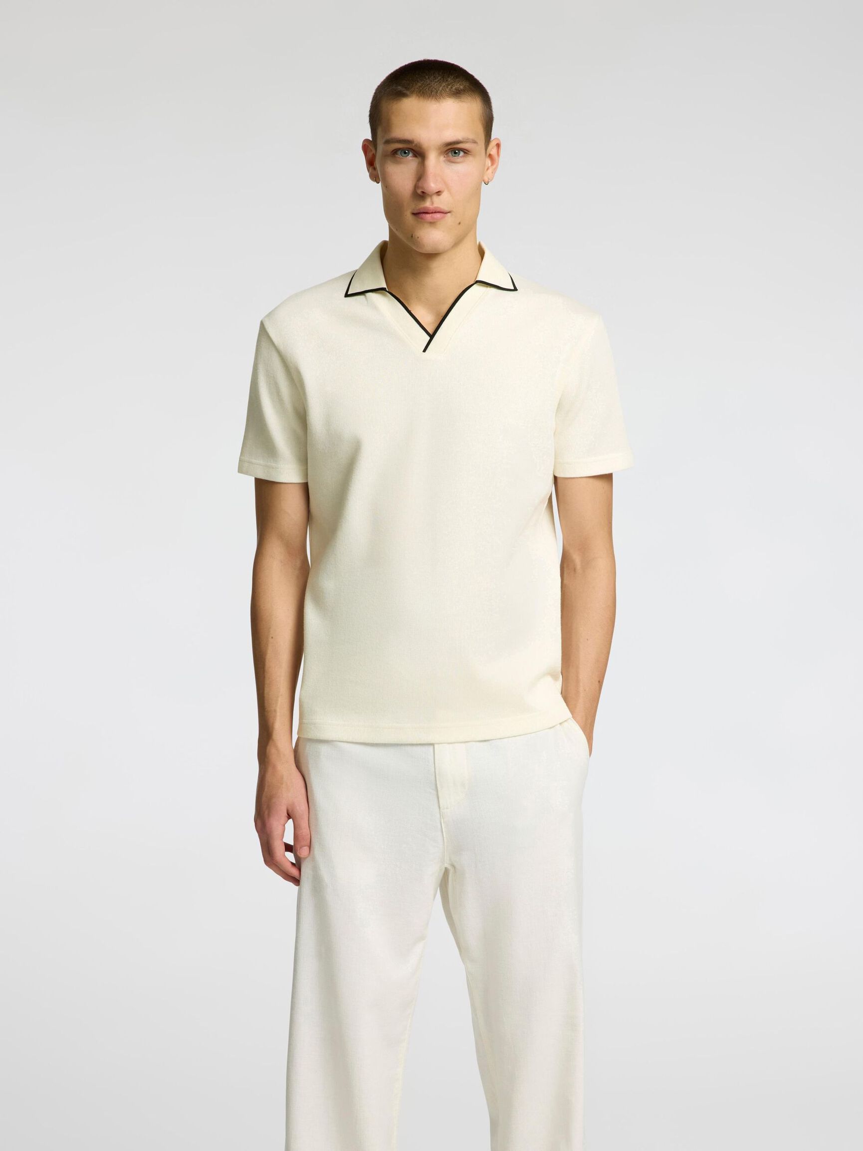COTTON BLEND SPLIT NECK POLO SHIRT, Egret, highres