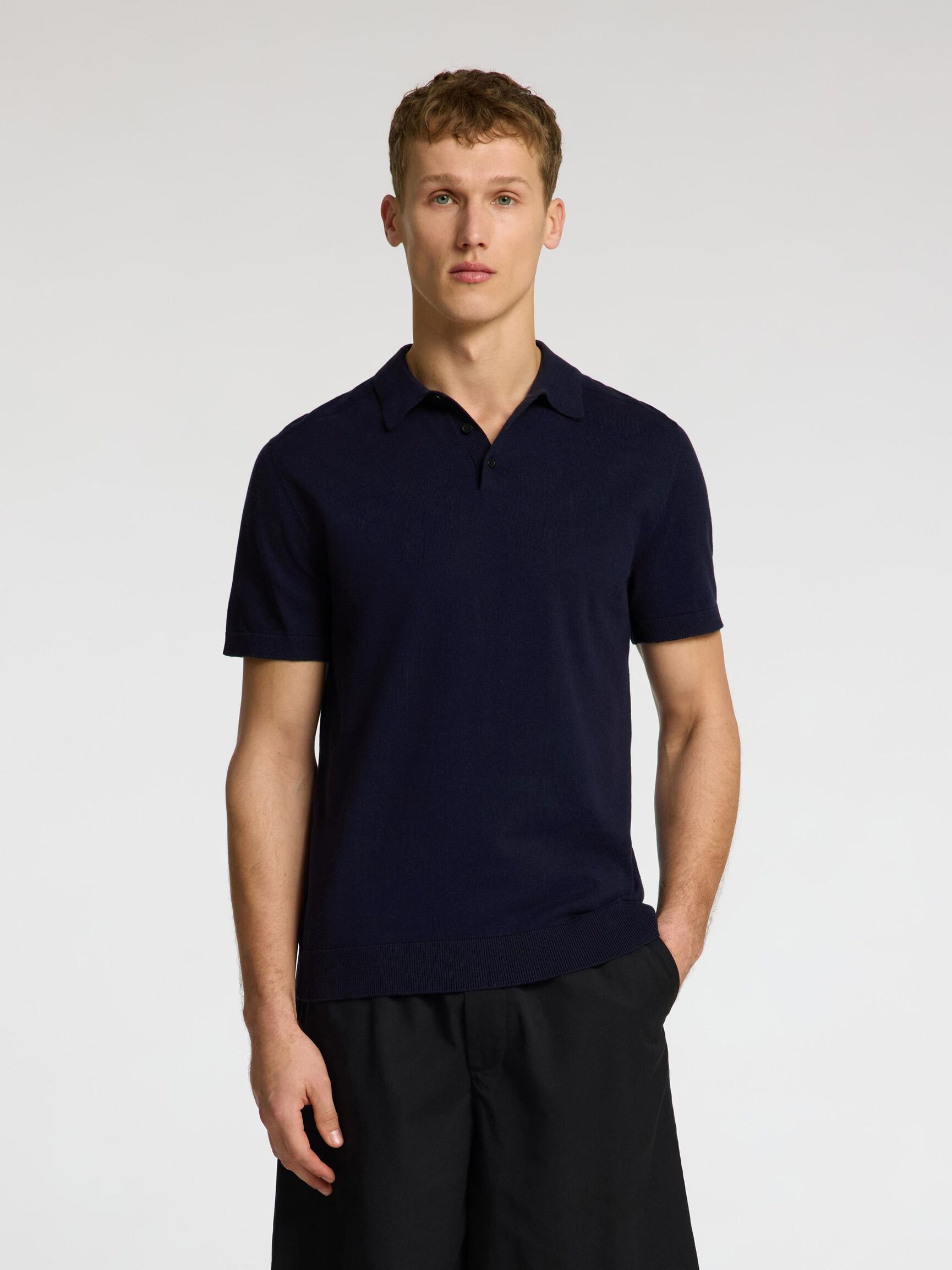 KNITTED POLO SHIRT, Navy Blazer, highres