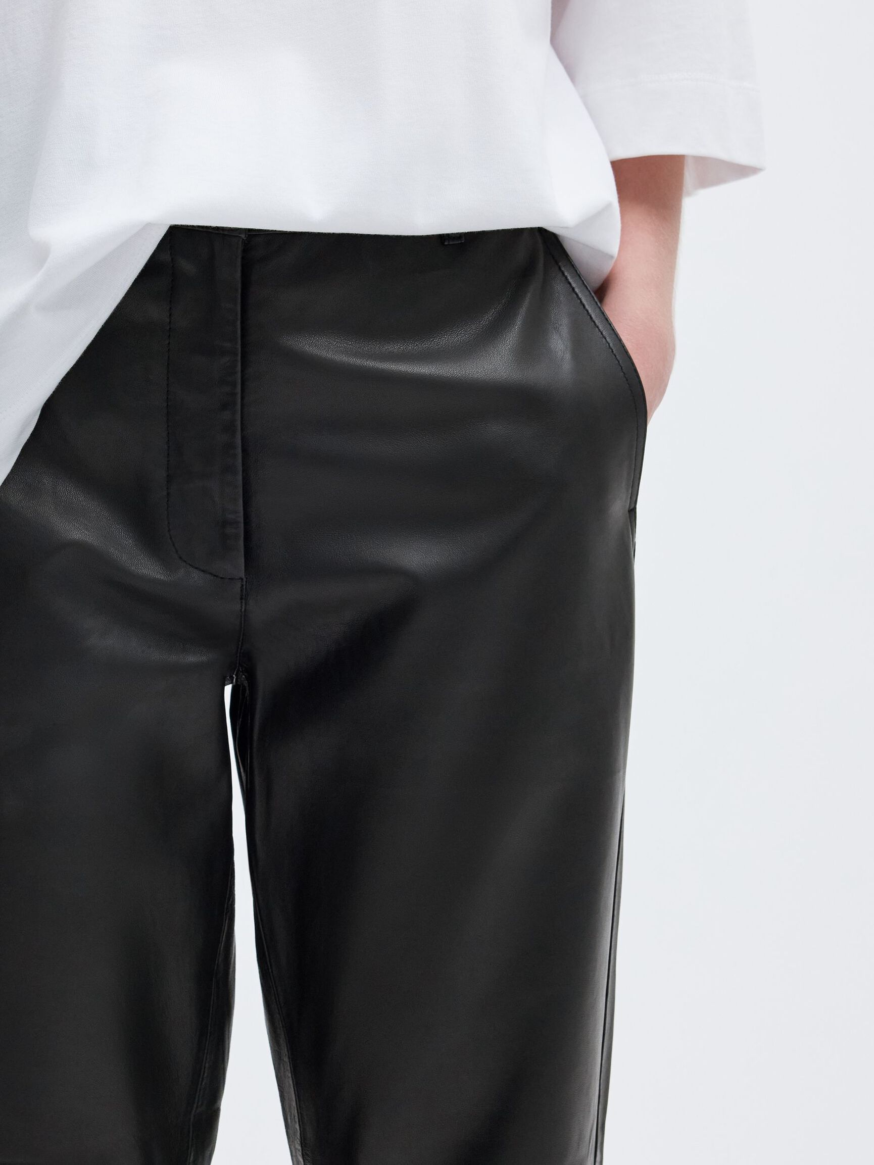 TAPERED LEATHER TROUSERS, Black, highres