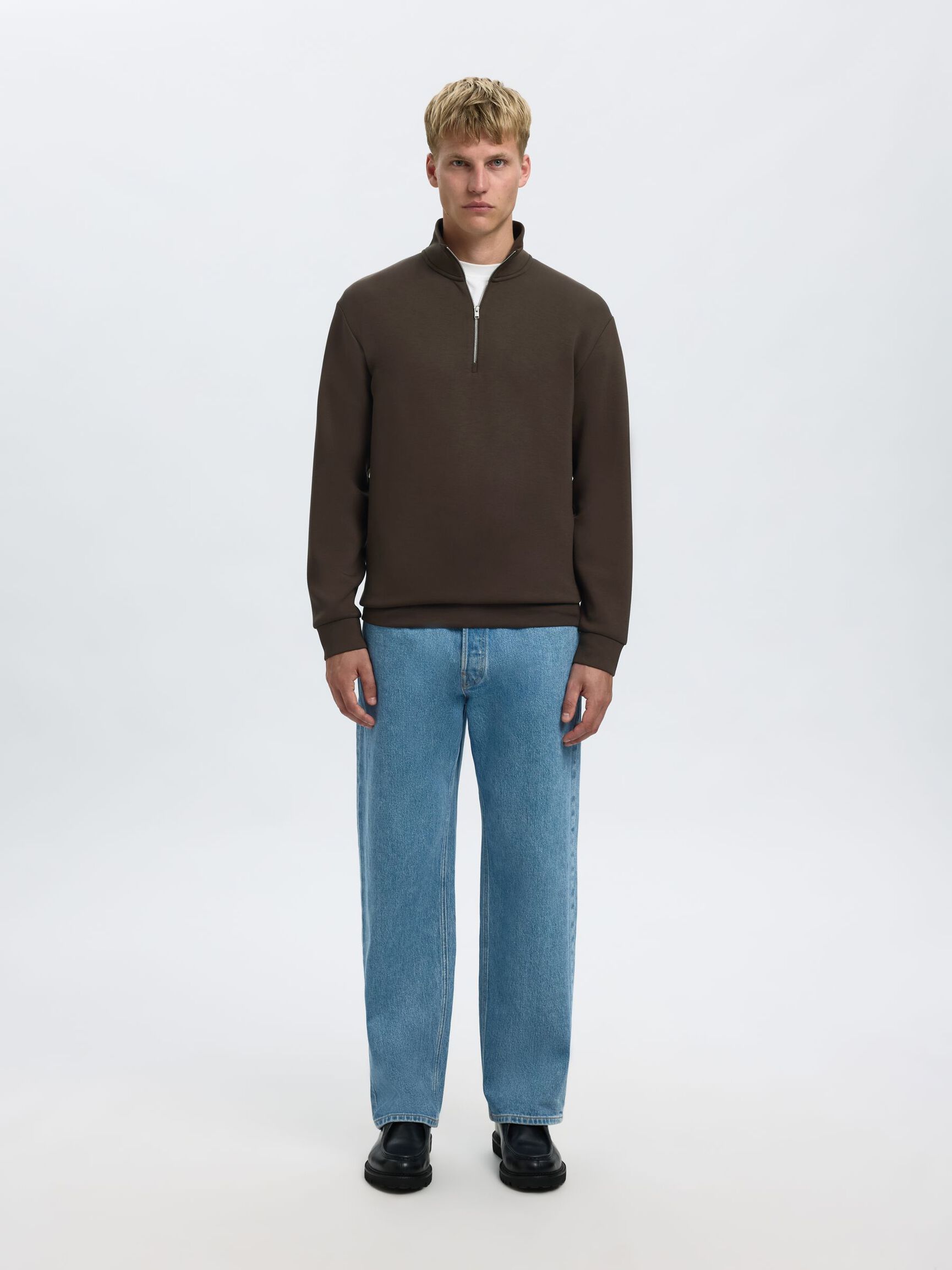 VISCOSE BLEND HALF ZIP SWEATSHIRT, Demitasse, highres