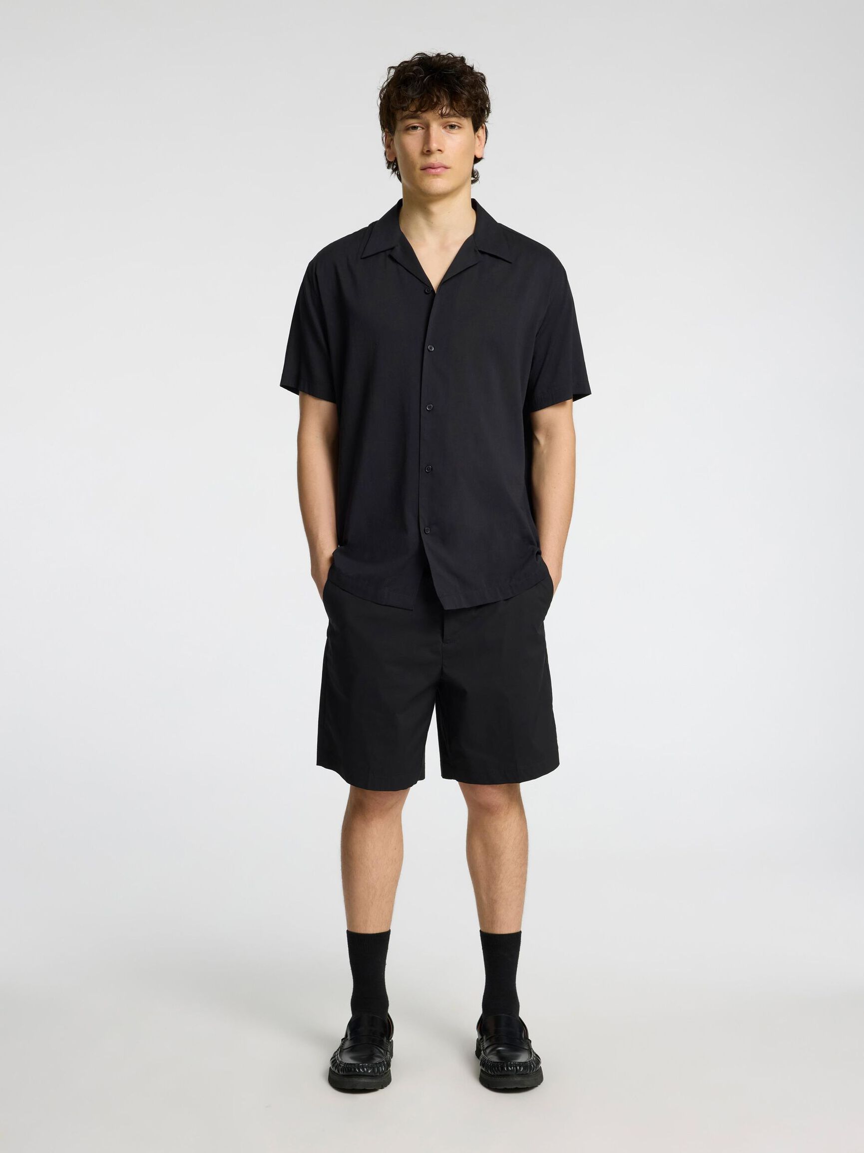 CUBAN COLLAR SHIRT, Black, highres