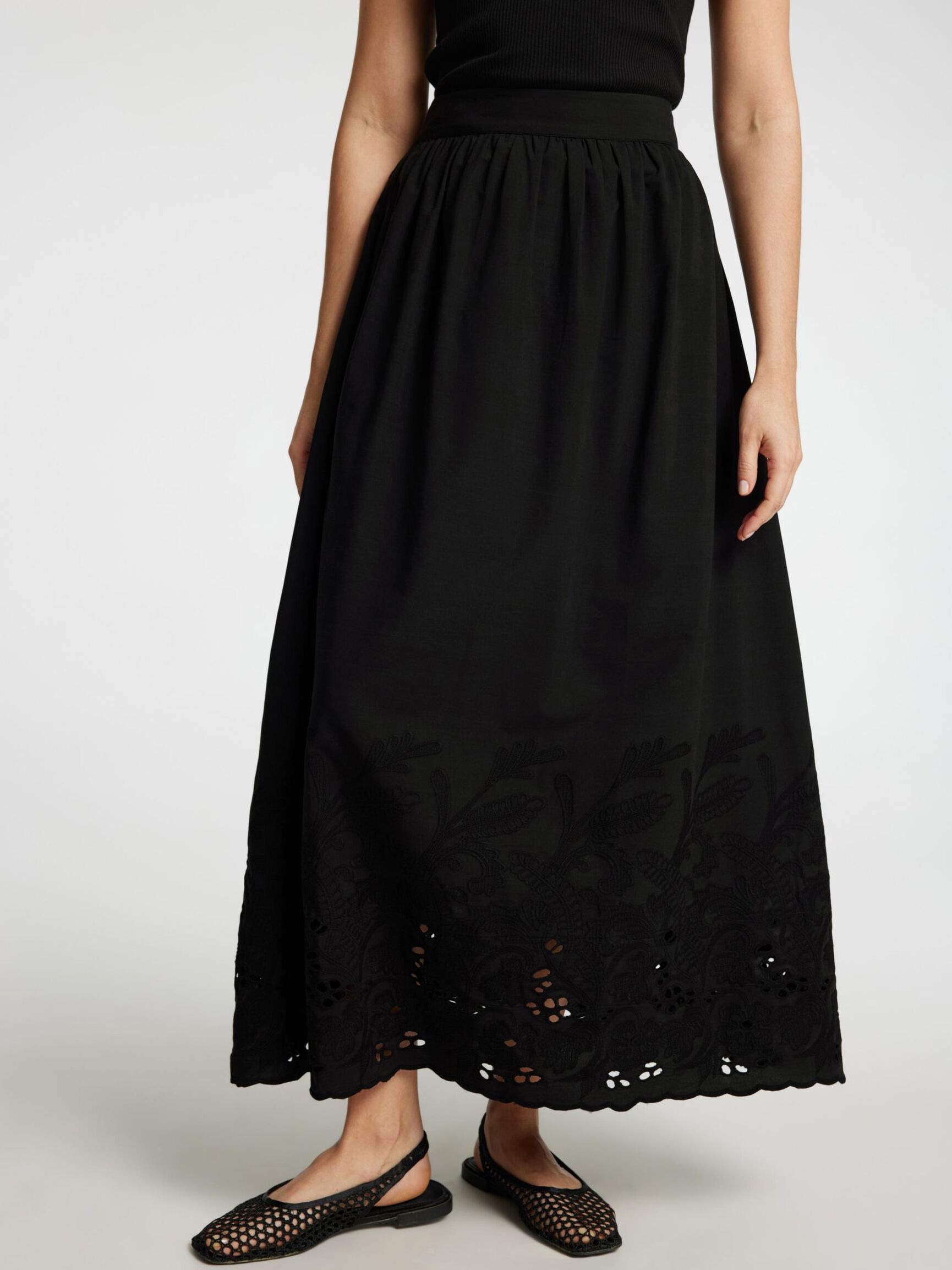 BRODERIE ANGLAISE JUPE LONGUE, Black, highres